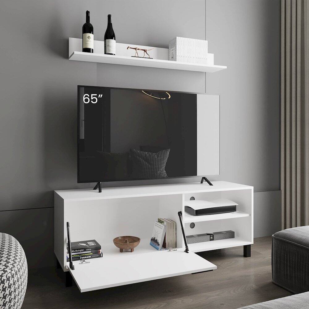 Alt View 4. TuHome - Tv Stand Two Doors, Open Shelves And Spacious Top Surface, White - White.