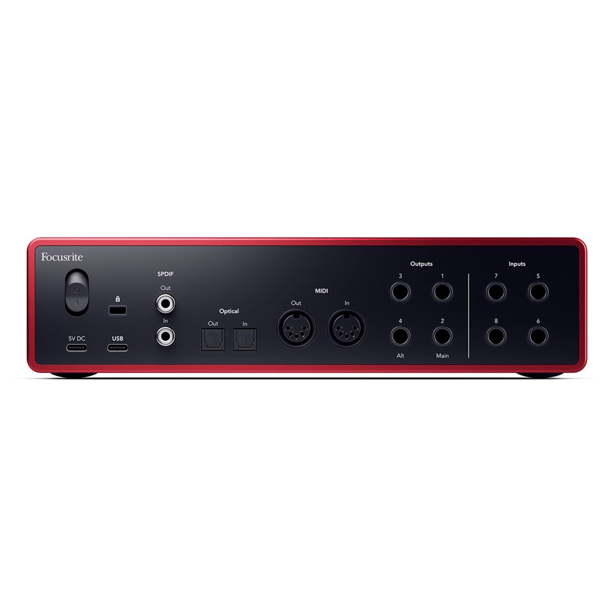 Focusrite SPOIF 3 Outputs | 7 Inputs  
5 1 B Out in Optical Out in Out MIDI in & 2 B 6 V DC USB Alt Main
