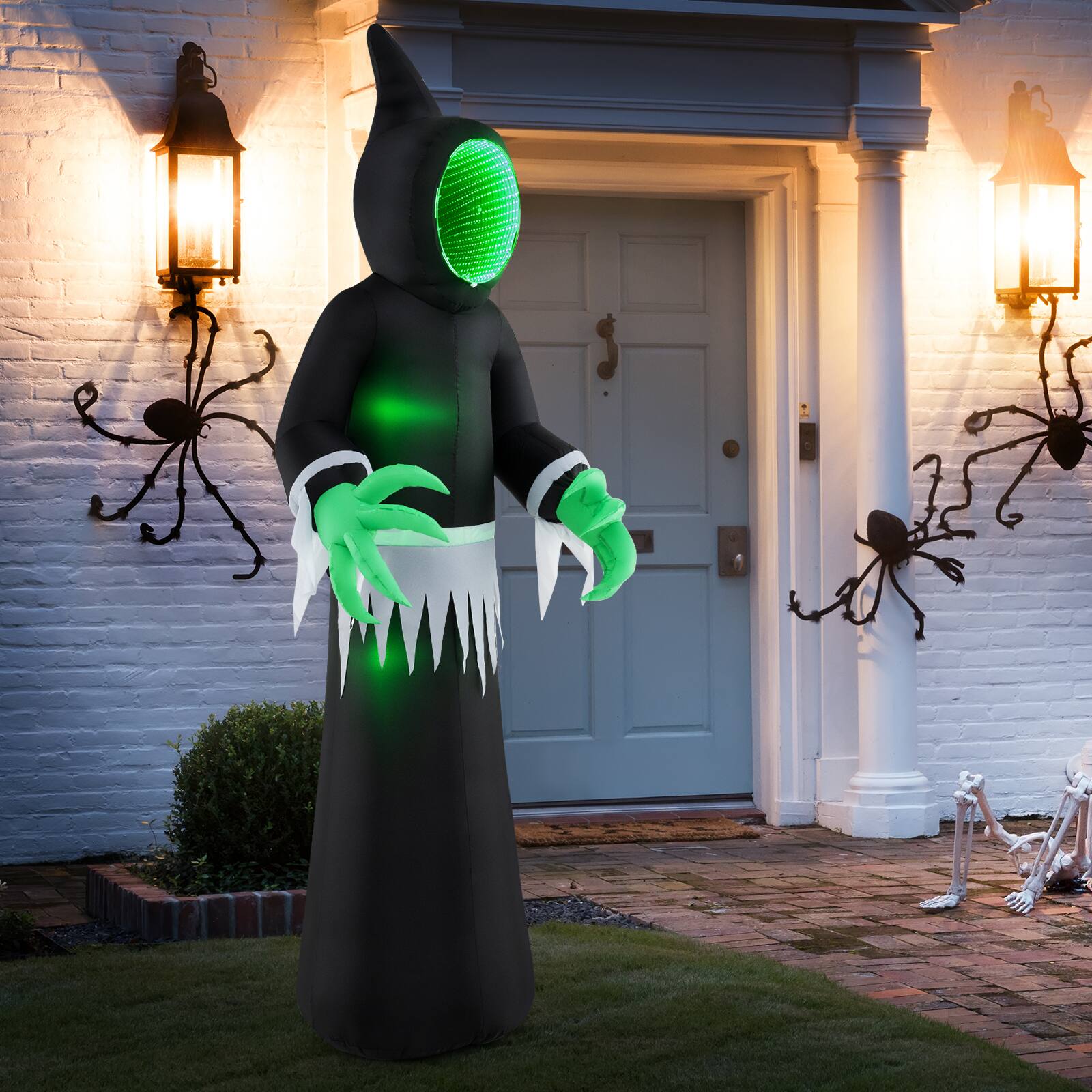 Left. Costway - 8 FT Giant Halloween Inflatable Ghost Blow up Ghost Decoration with Built-in LED Lights and Mirror Face - Black + Green.