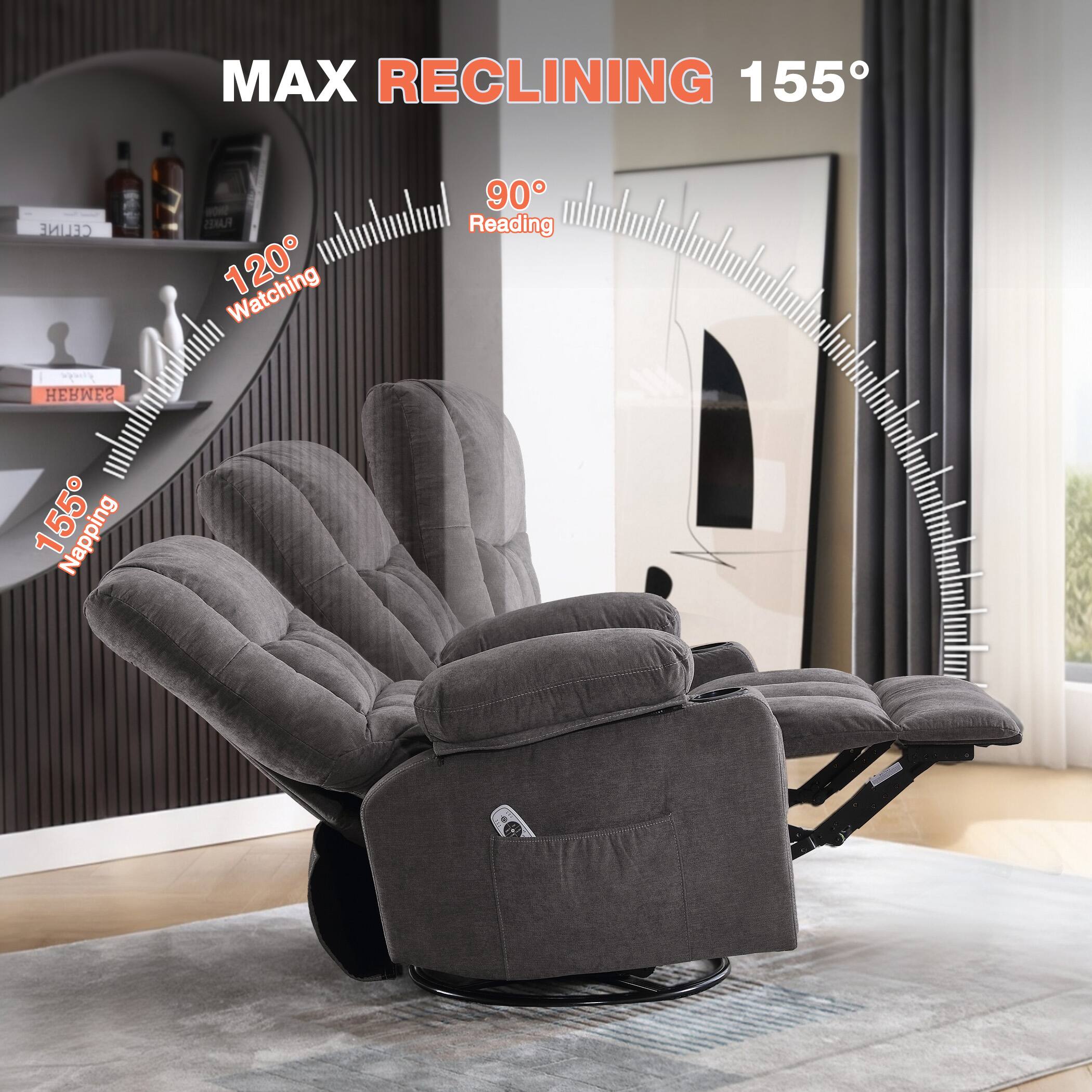 MAX RECLINING 155°

- 120° Watching
- 90° Reading
- 155° Napping