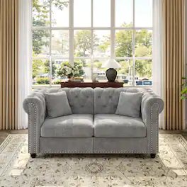 Anysun - 2 Seater 62.2" Chesterfield Tufted Sectional Sofa with Rolled Arms & Nailhead Trim, Chenille Deep Seat - Light Gray