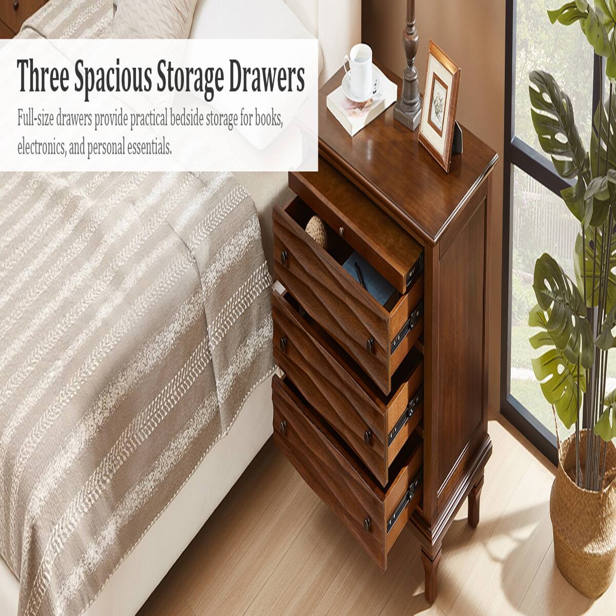 Three Spacious Storage Drawers  
Full-size drawers provide practical bedside storage for books, electronics, and personal essentials.