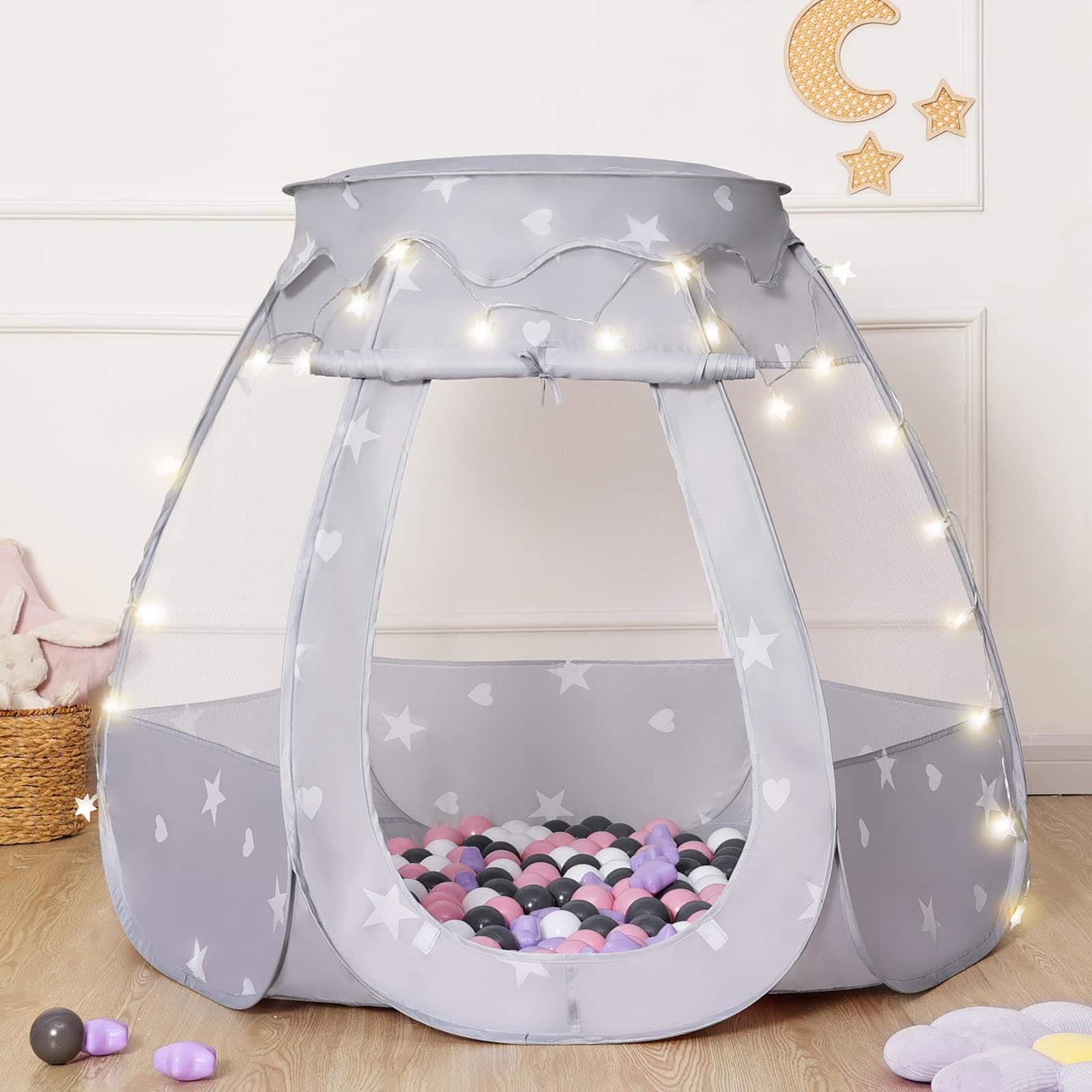 Paradigms Interiors - Pop Up Play Tent With Star Lightneutral For Boy Girl Birthday Gifts Portable Ball Pit Outdoor Carry Bag Collap - Gray