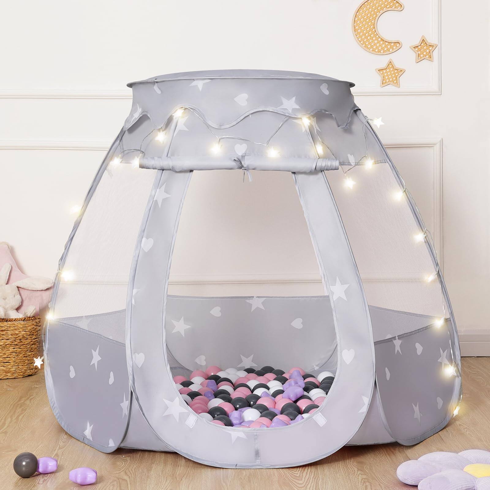 Front. Paradigms Interiors - Pop Up Play Tent With Star Lightneutral For Boy Girl Birthday Gifts Portable Ball Pit Outdoor Carry Bag Collap - Grey.