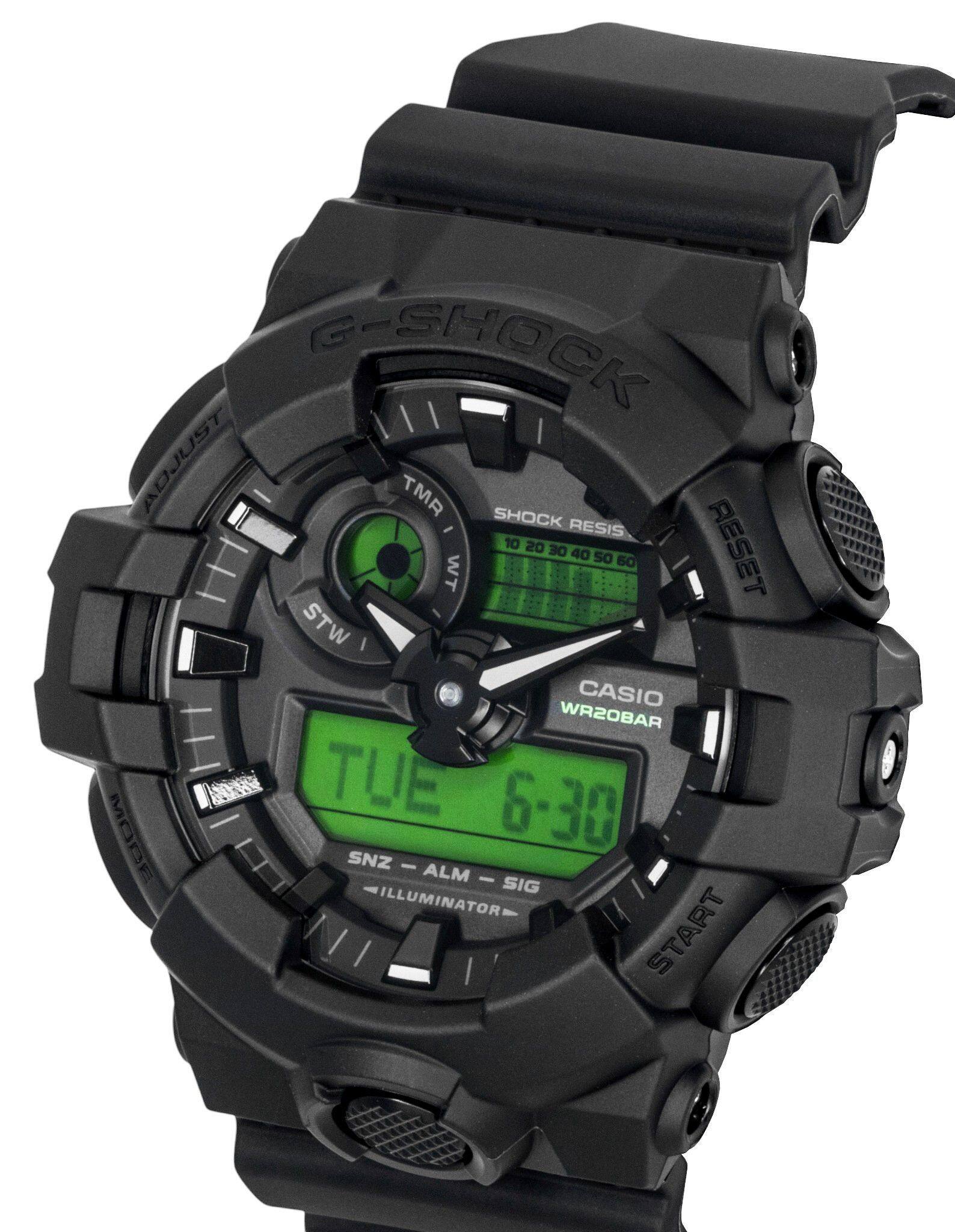 G-SHOCK  
ADJUST  
TMR  
SHOCK RESIS  
10 20 30 40 50 60  
RESET  
WT  
STW  
CASIO  
WR20BAR  
TUE 6-30  
MODE  
SNZ - ALM - SIG  
ILLUMINATOR  
START