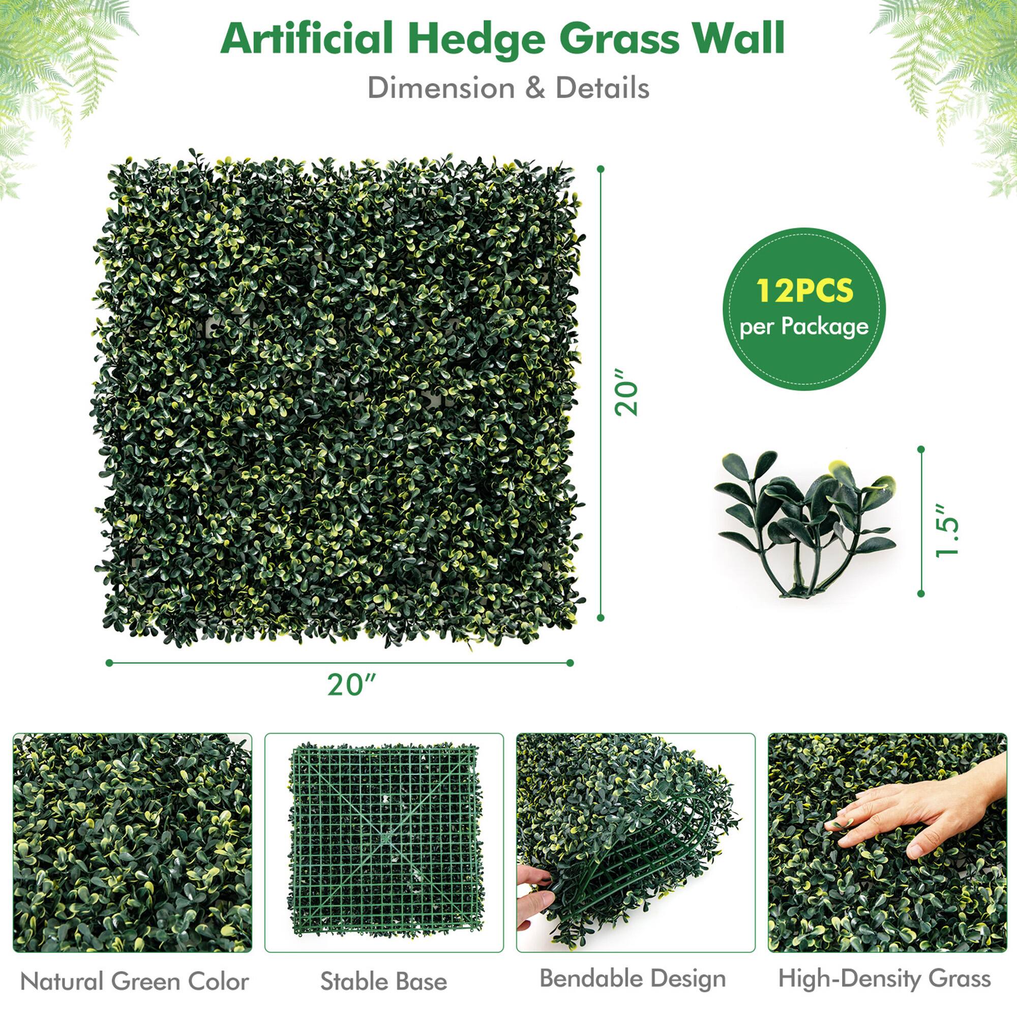 Artificial Hedge Grass Wall  
Dimension & Details  

- 20" x 20"  
- 1.5"  
- 12PCS per Package  

Features:  
- Natural Green Color  
- Stable Base  
- Bendable Design  
- High-Density Grass