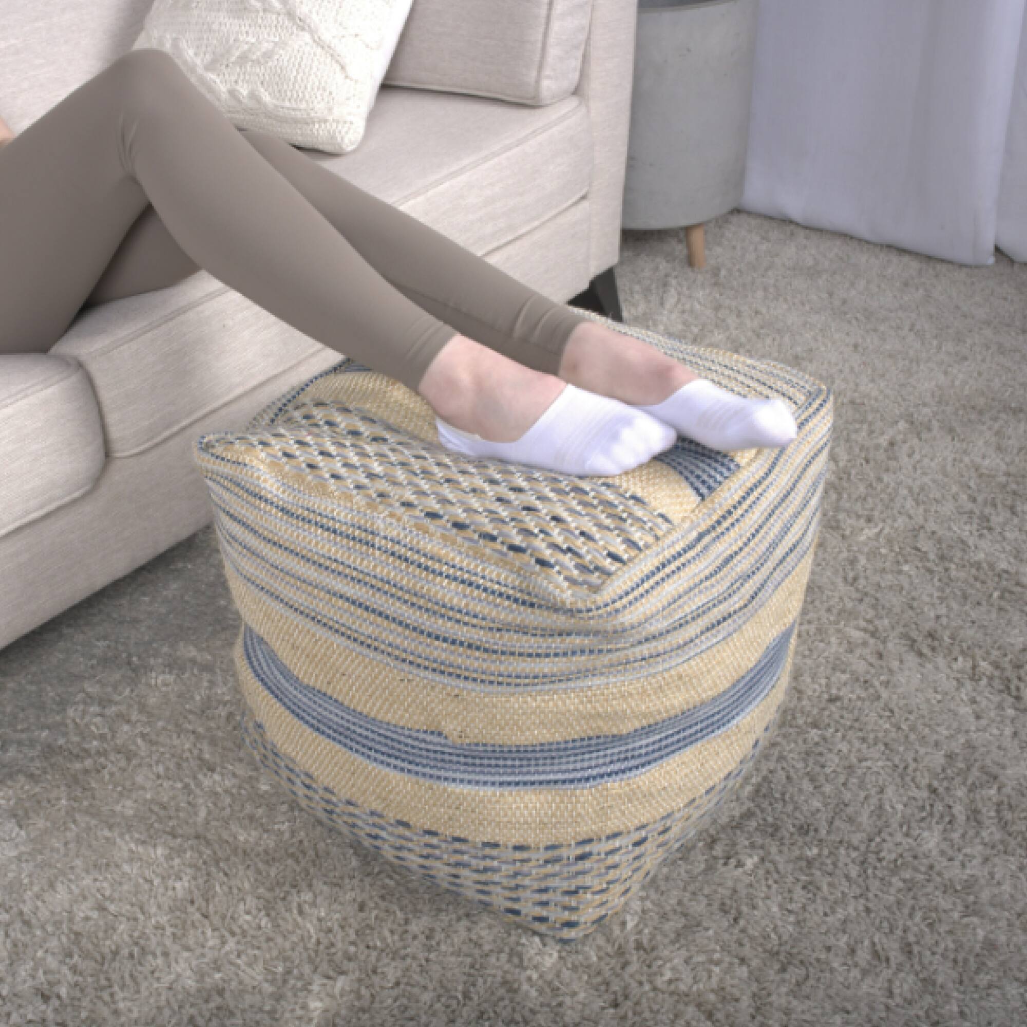 Angle. GOODSILO - Handcrafted Fabric Pouf in Natural Blue - Durable Hemp and Wool Blend Square Ottoman - Natural.