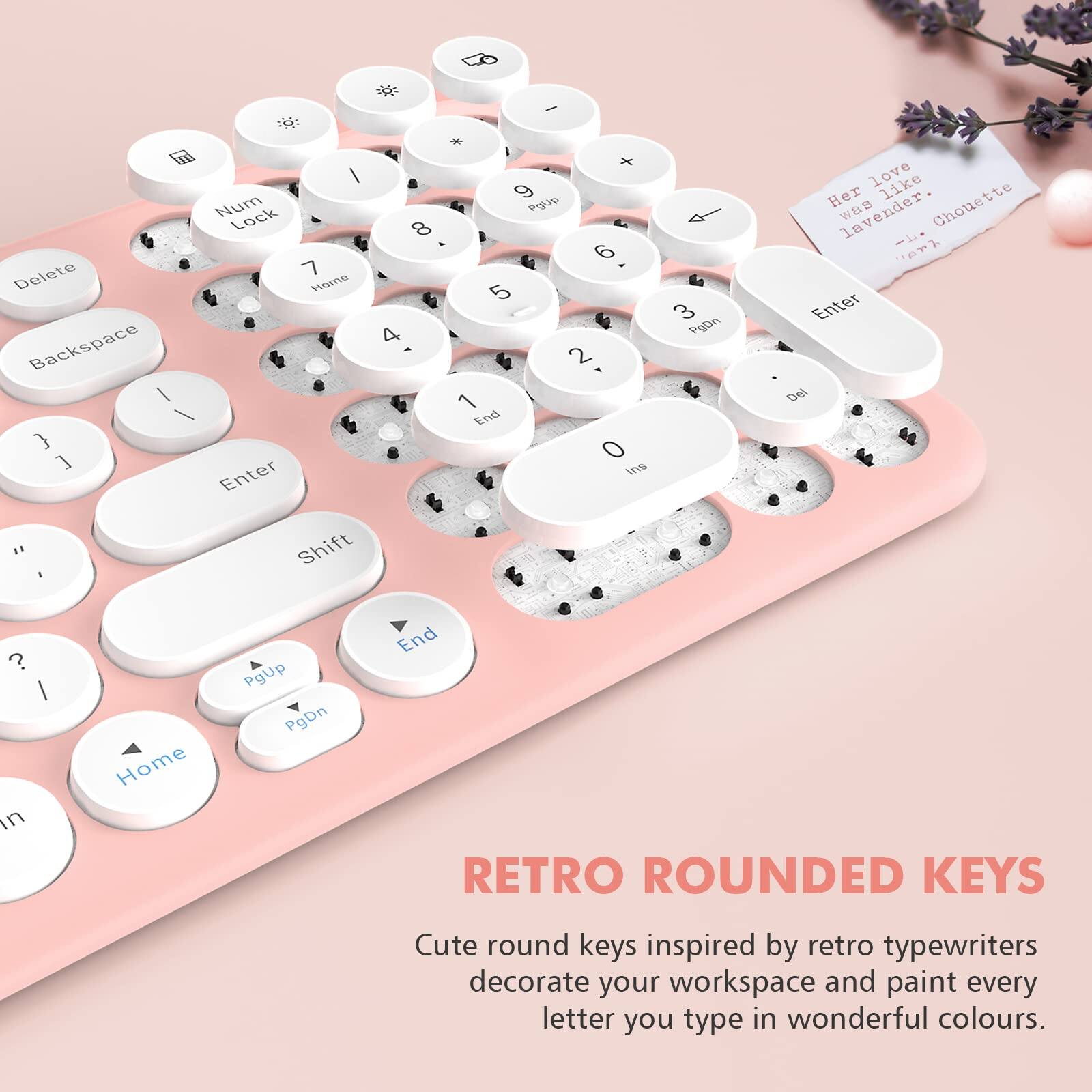 Sure, here is the corrected and grouped text from the image:

---

**RETRO ROUNDED KEYS**

Cute round keys inspired by retro typewriters decorate your workspace and paint every letter you type in wonderful colours.

---

**Her love was like lavender. — Chouette**

---

**Key Labels:**

- Delete
- Backspace
- Num Lock
- 7 (Home)
- 8
- 9 (PgUp)
- 4
- 5
- 6
- 1 (End)
- 2
- 3 (PgDn)
- 0 (Ins)
- Enter
- Shift
- Home
- PgUp
- PgDn
- End
- In
- ?
- Enter

---

**Additional Text:**

- Piio
- WB

---