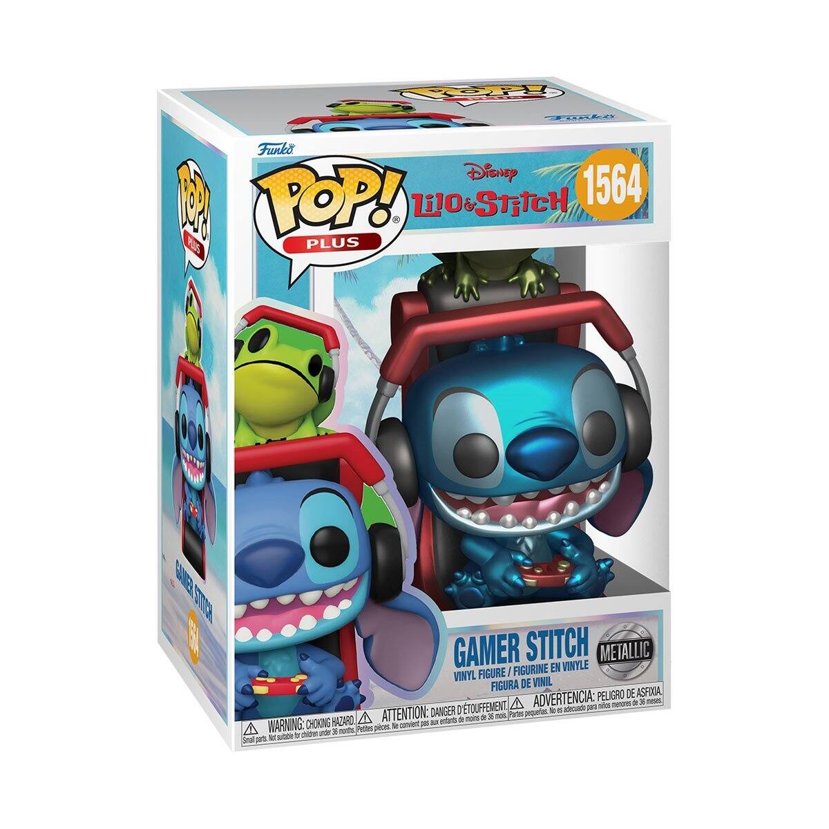 Pp un Funko Disney P POP! LiO & STITCH 1564 PS PLUS SE ST GAMER STITCH METALLIC FIGURINE EN VINYLE VINYL FIGURE FIGURA DE VINIL PELIGRO DE ASFOXA D'TOUFFEMENT, ADVERTENCIA: p - men dI - DANGER pequetion - . adecuado HAZARO A ATTENTION: - anterits - mon a 3 mos Pates A WARNING: CHOKING Petits pices - canvrient pe phide nde X nurths - sutee T Small parts