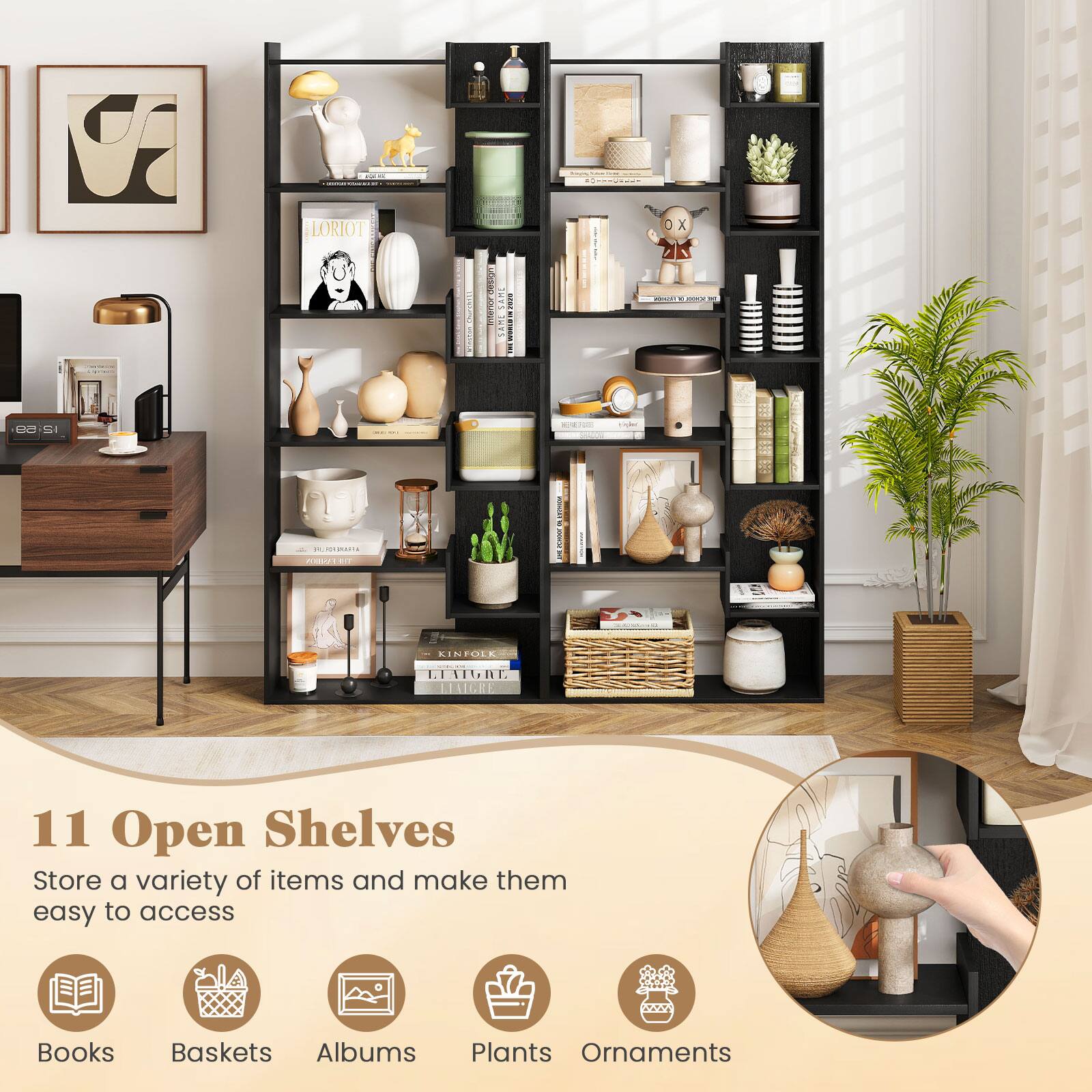 The text on the image is promoting a bookshelf that features 11 open shelves. The bookshelf is designed to store a variety of items and make them easy to access. The bookshelf is filled with various items such as books, baskets, albums, plants, and ornaments. The image also shows a person interacting with the bookshelf, possibly reaching for a book or an ornament.