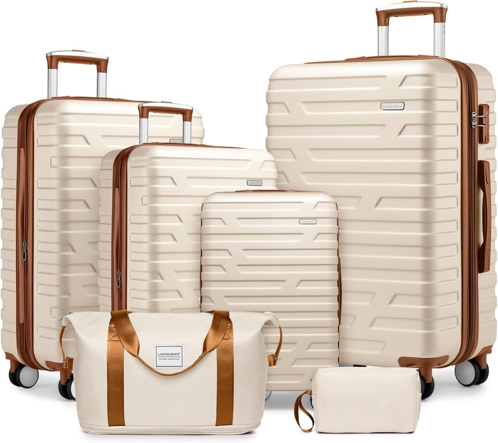 Ecooso - Luggage Sets 6 Piece with Duffel Bags, Hardside Expandable Suitcases with Spinner Wheels TSA Lock - Cream+Brown