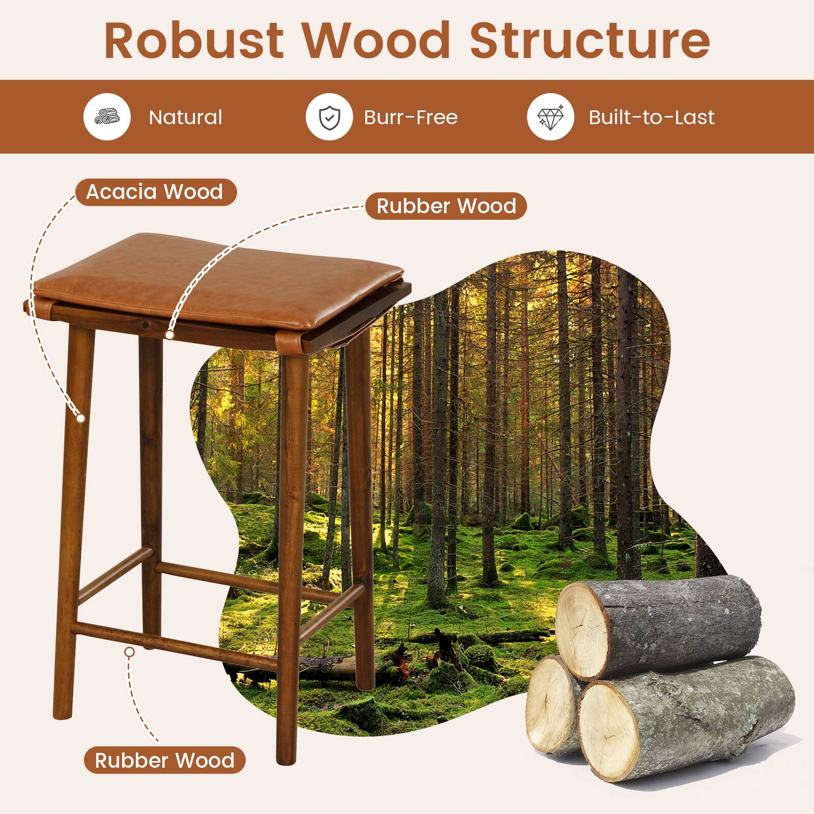 Robust Wood Structure

- Natural
- Burr-Free
- Built-to-Last

Acacia Wood

Rubber Wood

Rubber Wood