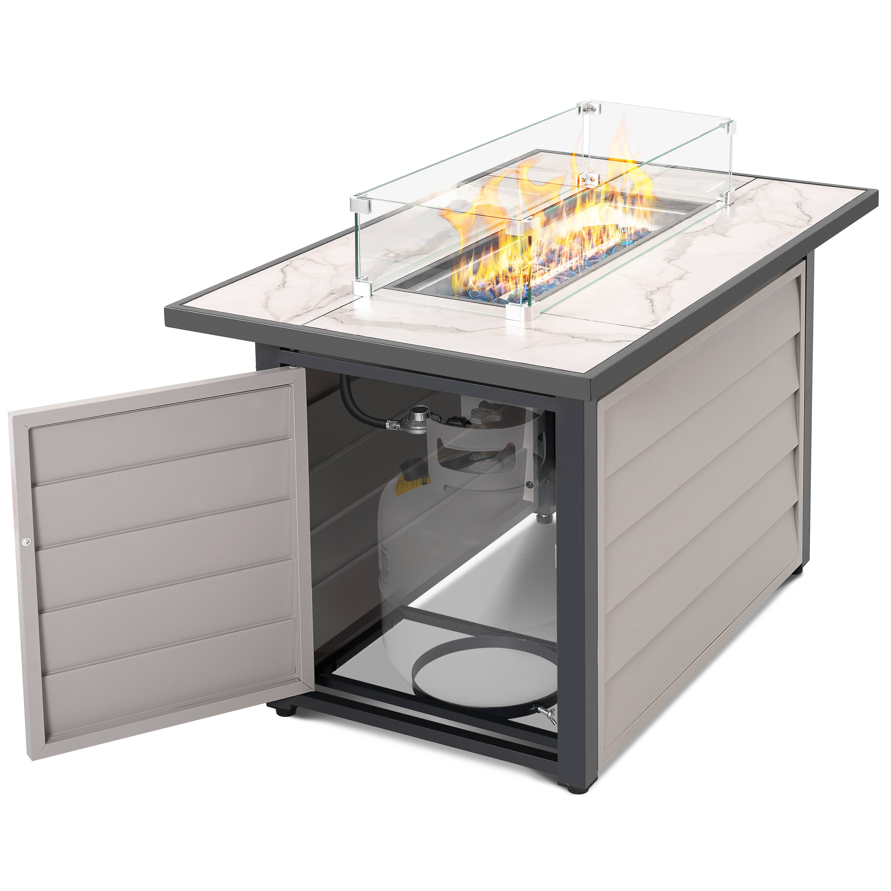 Left. Nuu Garden - 43'' Outdoor Propane Gas Fire Pit Table with Marble Texture Glass Tabletop - fire pit body-ivory white.