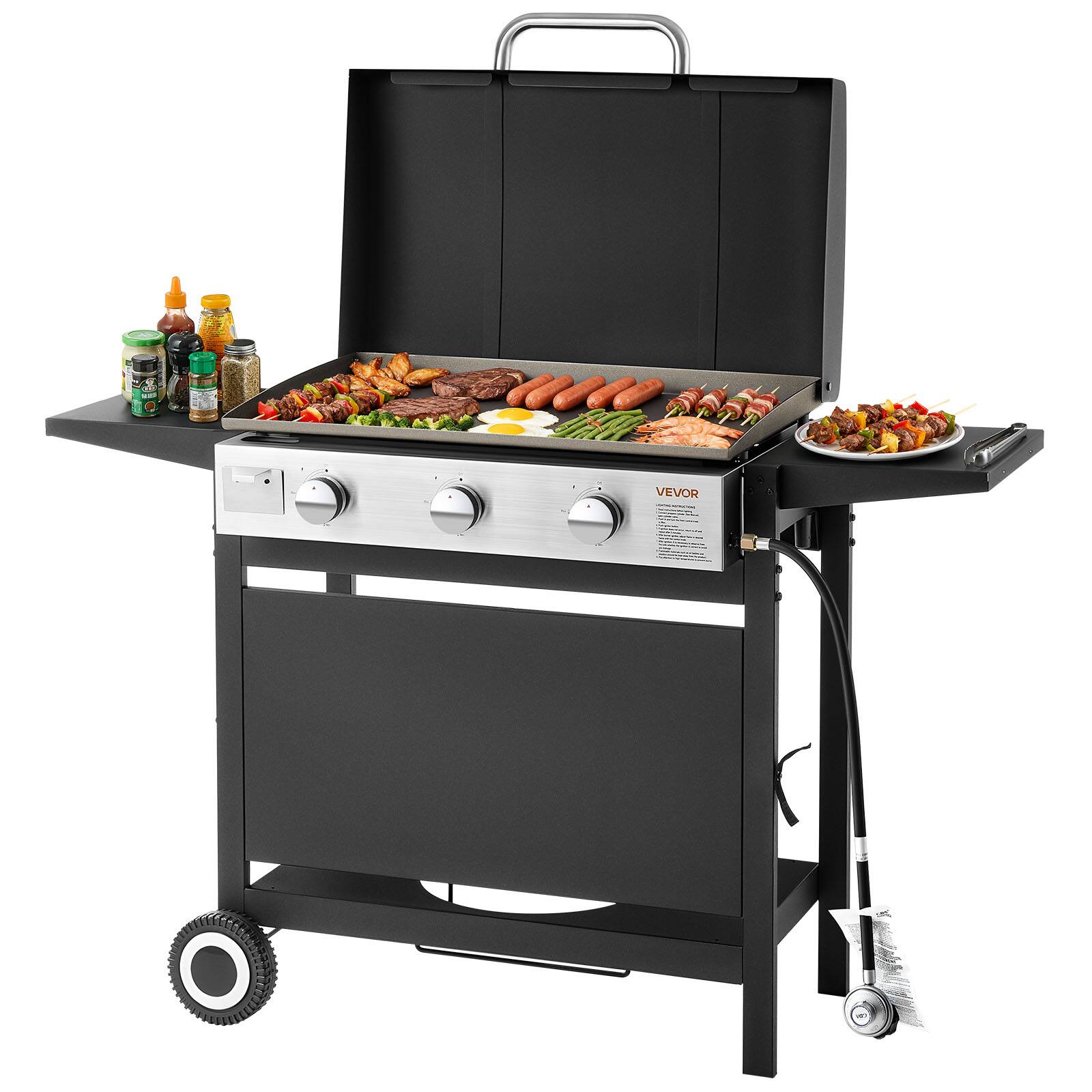 Front. VEVOR - Gas Griddle, 3-Burner Flat Top Grill, Propane Griddle with Wheels, Lid, 3 x 11000 BTU Outdoor Flat Top Grills - Black.