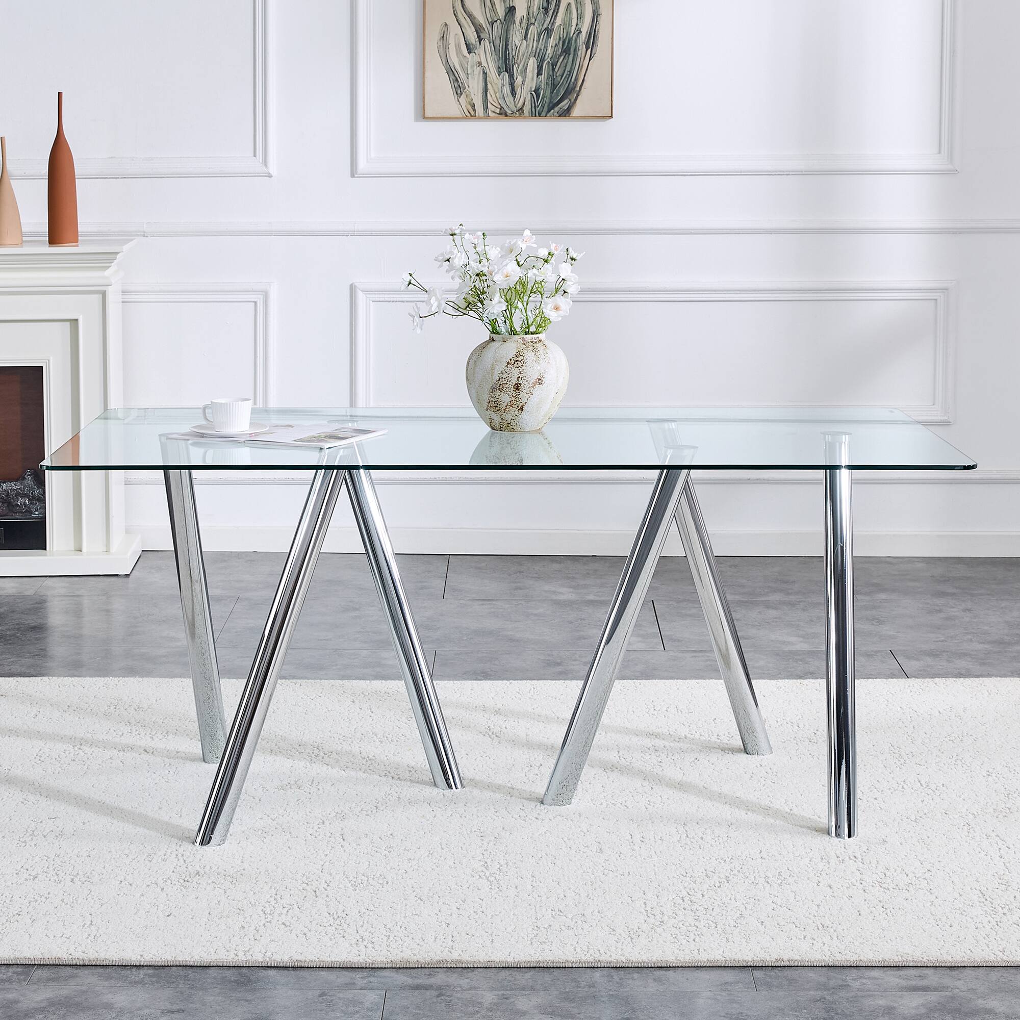 Back. Loheer - Loheer- 5.9x3 Ft Modern Rectangular Dining Table Large Kitchen Table for 6 to 8 Seater Family Meals - Silver.