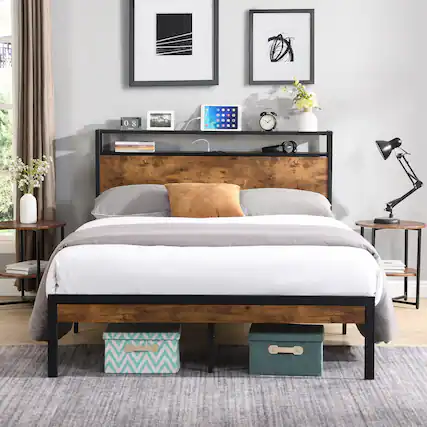 Front. Trinkets Crazed - King Size Metal Platform Bed Frame with Wooden Headboard and Footboard with USB Liner, No Box Spring Needed - Black.