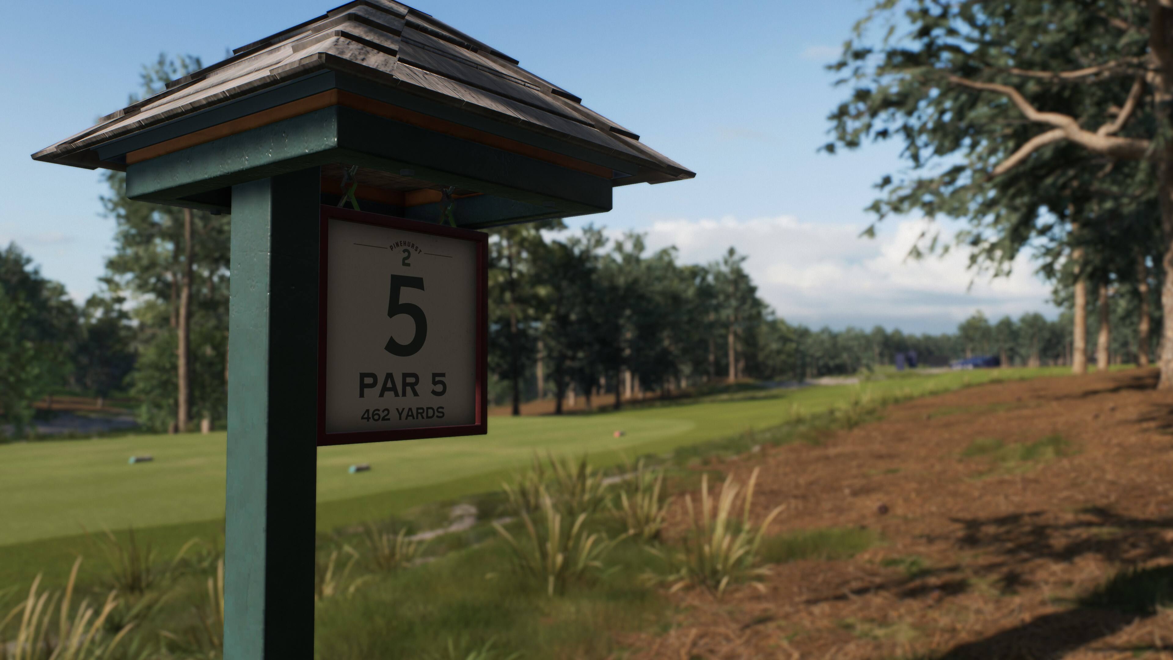 Directional sign for a golf course that reads "5 PAR 3 462 YARDS."