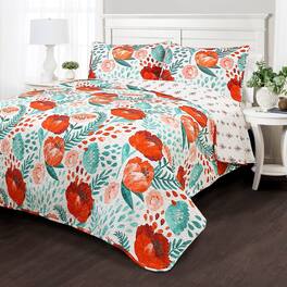 Hivvago - Full/Queen Teal Lightweight 3 Piece Cotton Quilt Set - Red Poppy Flower White