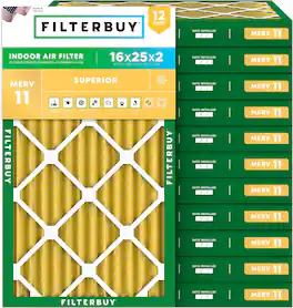 Filterbuy - 16x25x2 MERV 11 Pet & Allergy Defense, Electrostatic Pleated HVAC AC Furnace Air Filters Replacement (12-Pack) - Gold