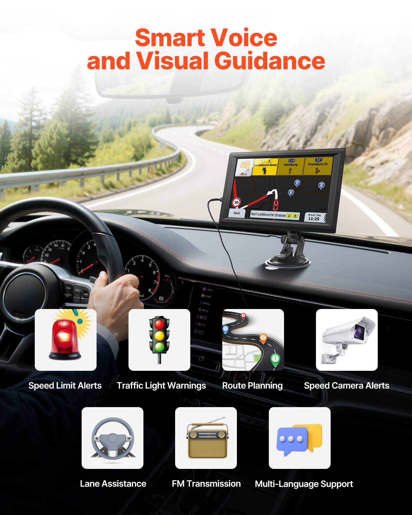 Smart Voice and Visual Guidance

- Speed Limit Alerts
- Traffic Light Warnings
- Route Planning
- Speed Camera Alerts
- Lane Assistance
- FM Transmission
- Multi-Language Support