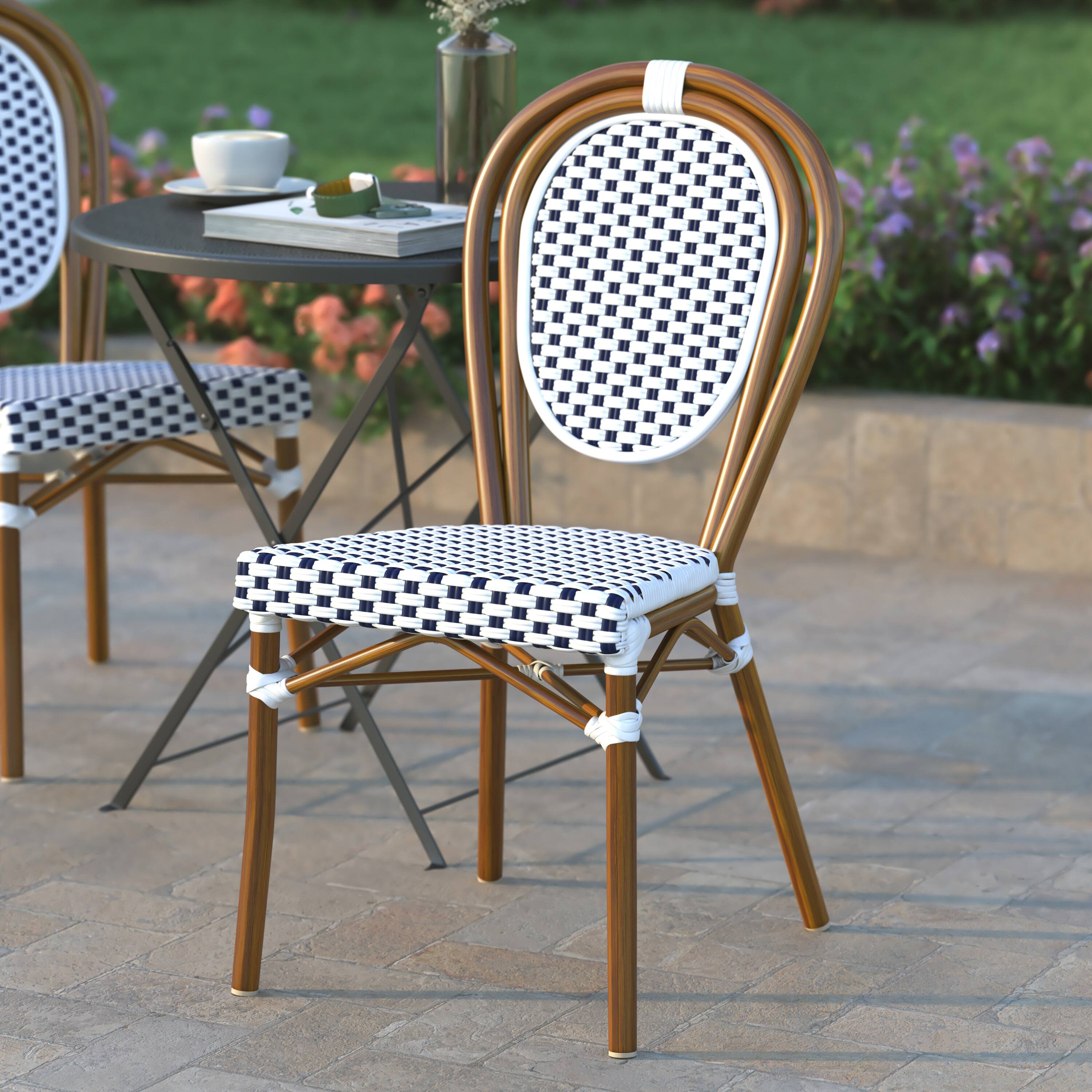 Alt View 3. Emma + Oliver - Colmar Indoor/Outdoor Stacking Thonet Bistro Style Chair with PE Rattan Seat and Metal Frame - White & Navy/Natural Frame.
