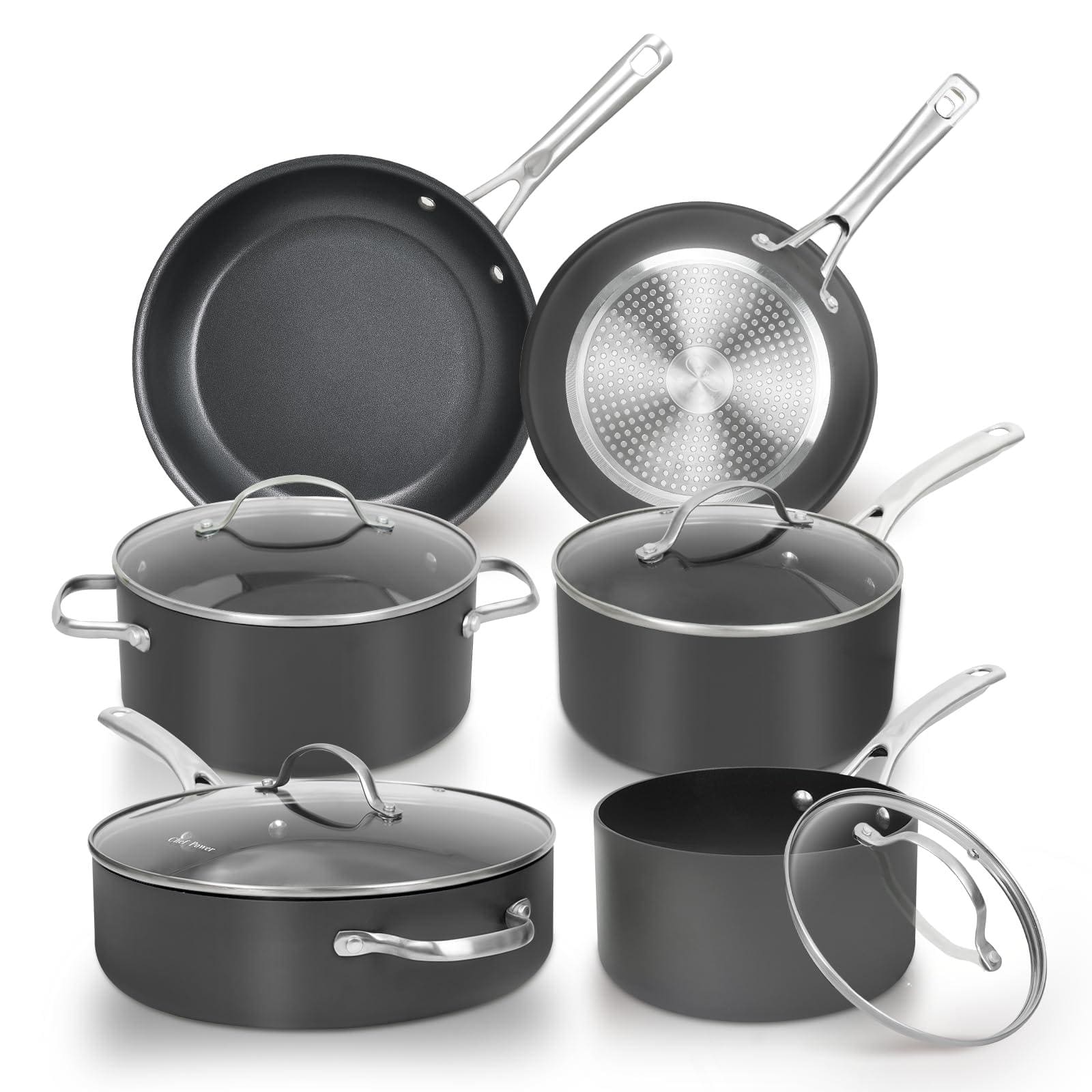 DEL OLMO ASSOCIATES - Hard Anodized Nonstick 10pc Cookware Set, Cool Steel Handles, Induction/Oven/Dishwasher Safe - Default