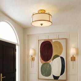 Parrot Uncle - 14 Inch Modern Fabric Semi Flush Mount 3 Light Drum Ceiling Light for Bedroom,Dining Room,Hallway - Gold