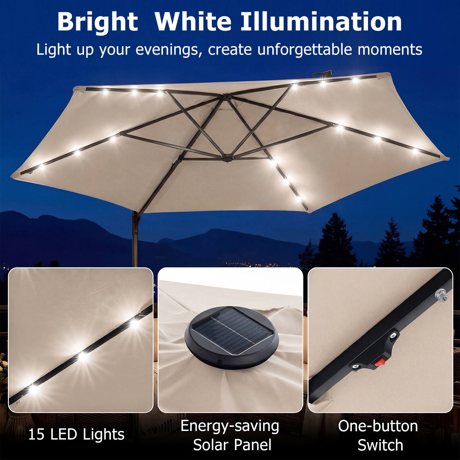 Bright White Illumination  
Light up your evenings, create unforgettable moments  

15 LED Lights  
Energy-saving Solar Panel  
One-button Switch