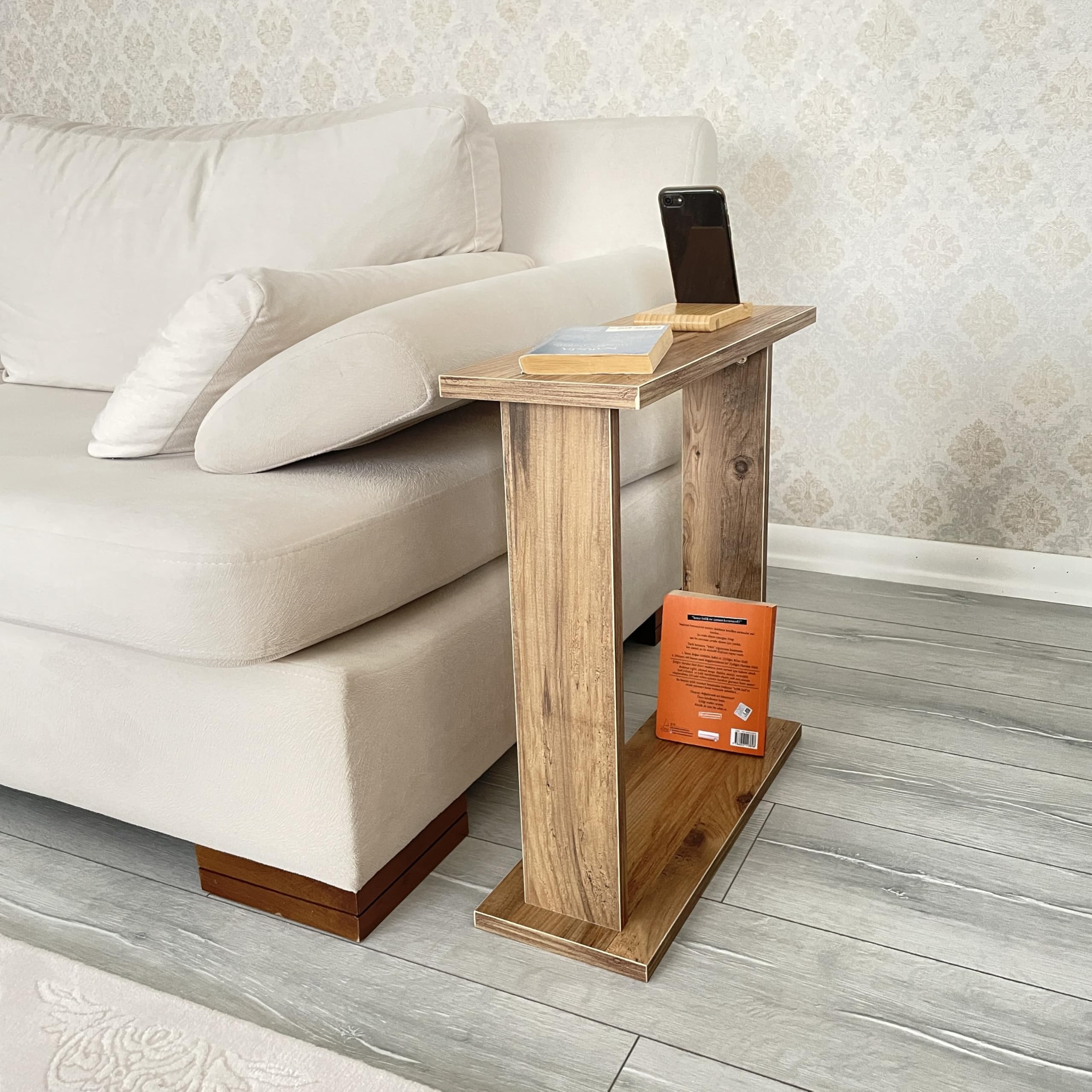 Left. Fabibe - Very Narrow Side Table for Living Room,  Small Apartment Space Between Chairs Skinny Table for Recliner, Couch,... - White Marble.