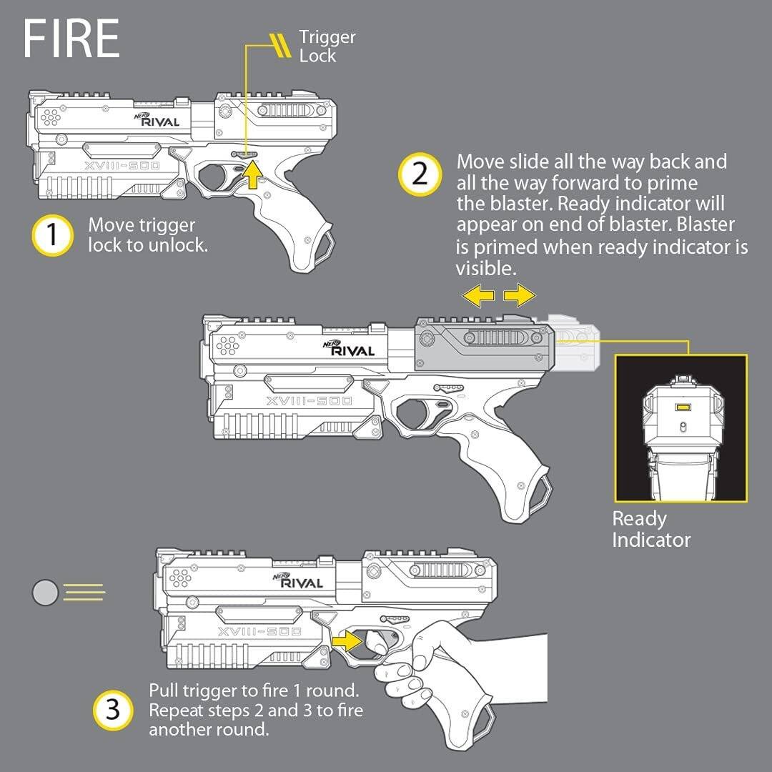 FIRE

1. Move trigger lock to unlock.

2. Move slide all the way back and all the way forward to prime the blaster. Ready indicator will appear on end of blaster. Blaster is primed when ready indicator is visible.

3. Pull trigger to fire 1 round. Repeat steps 2 and 3 to fire another round.