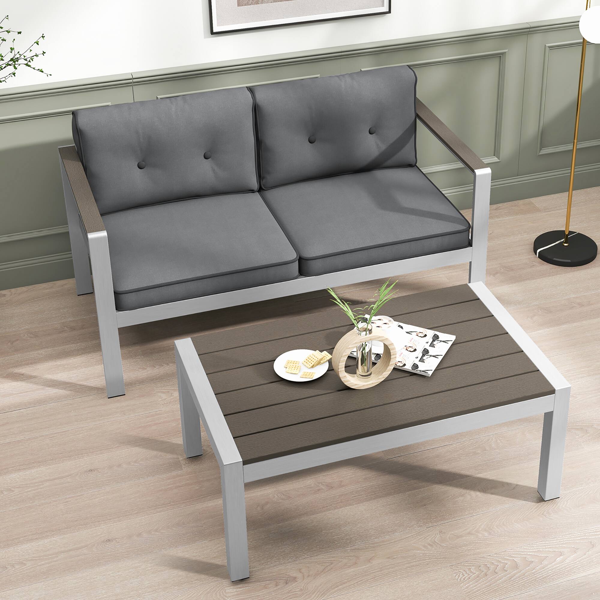 Alt View 1. Gymax - Gymax 2 Pieces Outdoor Aluminum Loveseat & Coffee Table Set w/ Cushions Patio Furniture Set - Gray, Silver.