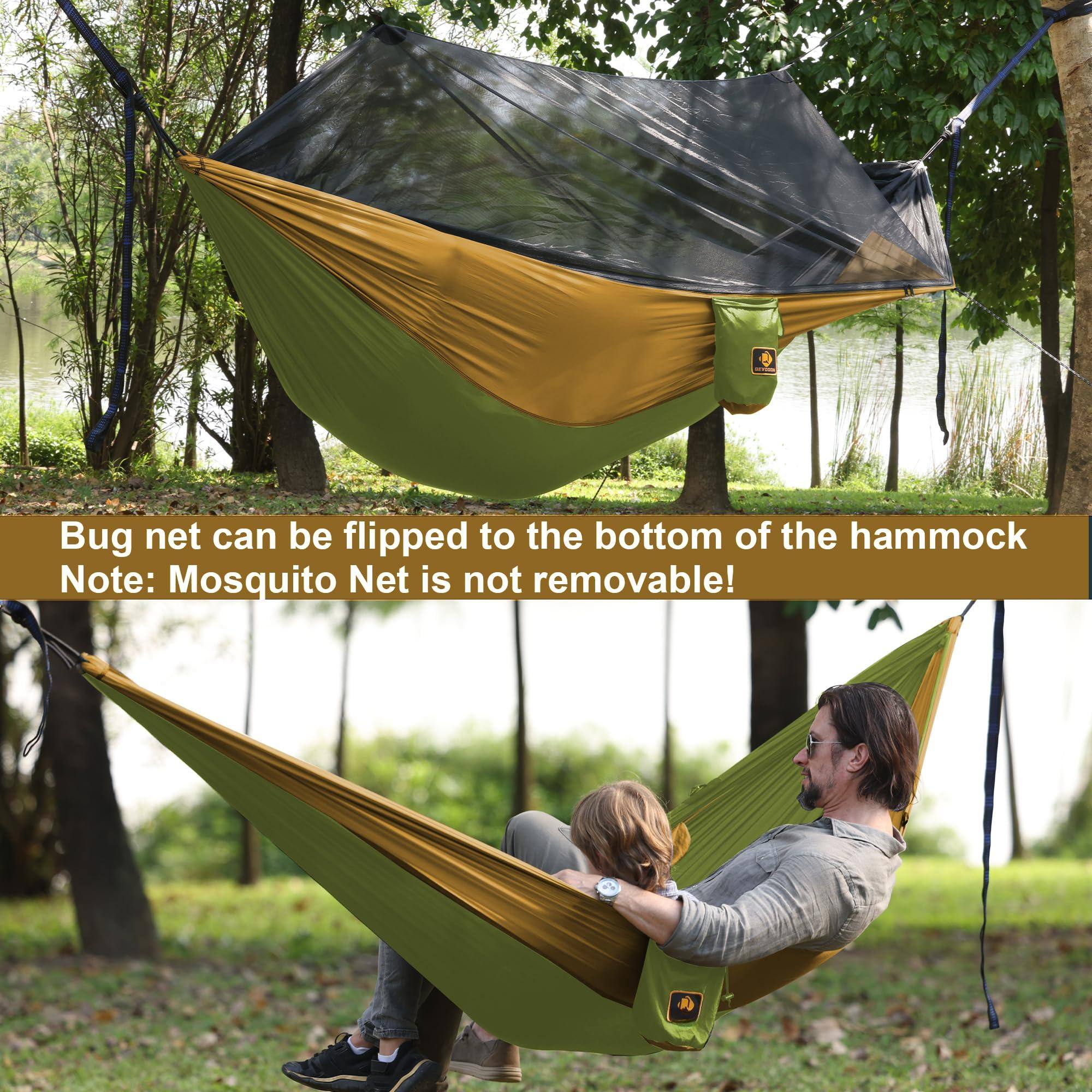 Bug net can be flipped to the bottom of the hammock  
Note: Mosquito Net is not removable!