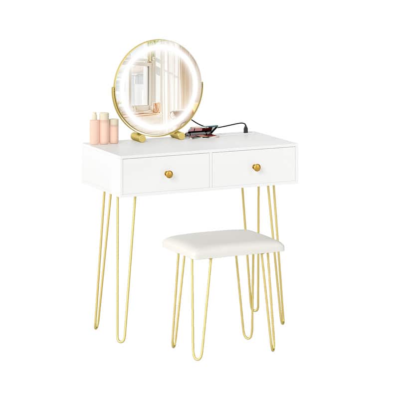 WELLFOR - Makeup Vanity Desk with LED Lighted Mirror & Charging Station,Vanity Table Set with Stool,Vanity Mirror with Desk - White