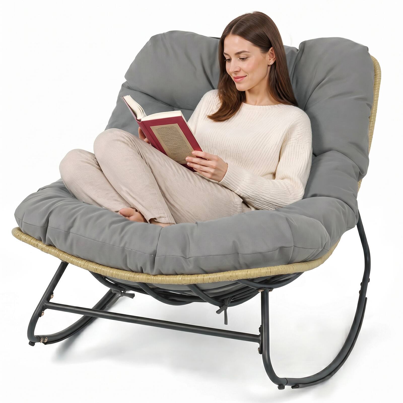 Alt View 8. Costway - Costway Outdoor Oversized Egg-Shaped Outdoor Papasan Rocking Chair With Thick Cushioned Seat - Gray.