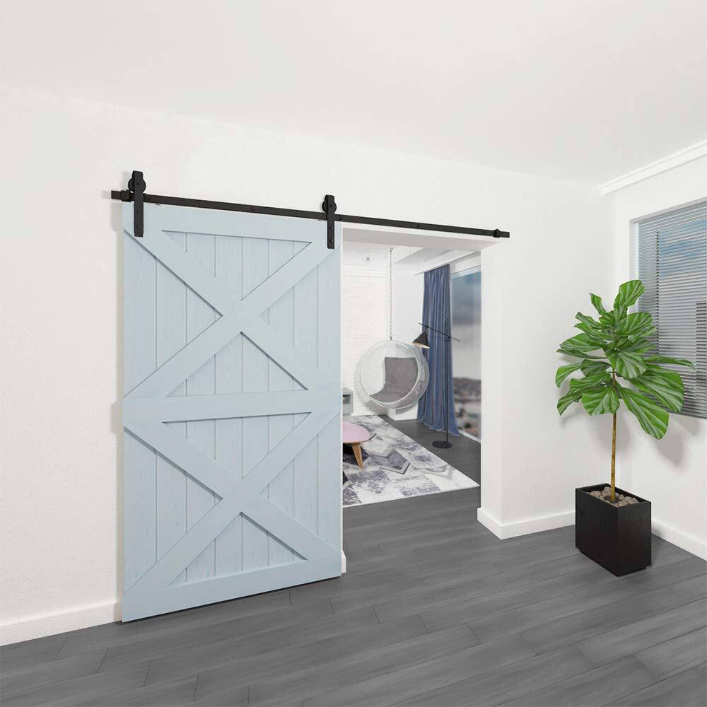 Alt View 4. Boyel Living - 8 ft./96 in. Black Steel Bent Strap Sliding Barn Door Track and Hardware Kit for Single Door with Floor Guide - Black.