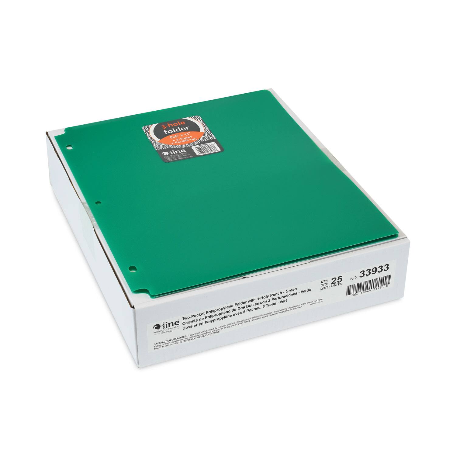 3-hole folder  
33933  
25 units  
Two-Pocket Polypropylene Folder with 3-Hole Punch - Green  
Carpeta de Dos Pochas con 3 Forráculos - Verde  
Dossier en Polypropylène avec 3 Perforations - Vert  
line
