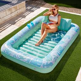 Joyfy - 85" x 57" Inflatable Tanning Pool Suntan Lounge Lounger Float for Adults Extra Large Suntan Tub (Cyan White Tropical)
