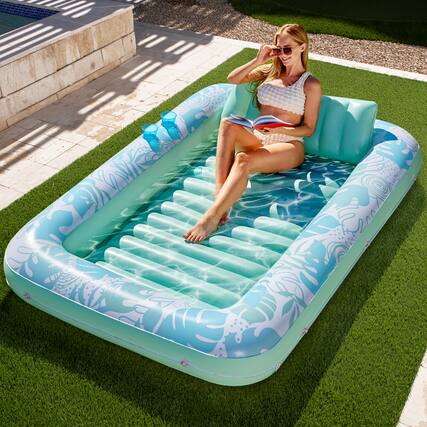 Front. Joyfy - 85" x 57" Inflatable Tanning Pool Suntan Lounge Lounger Float for Adults Extra Large Suntan Tub (Cyan White Tropical).