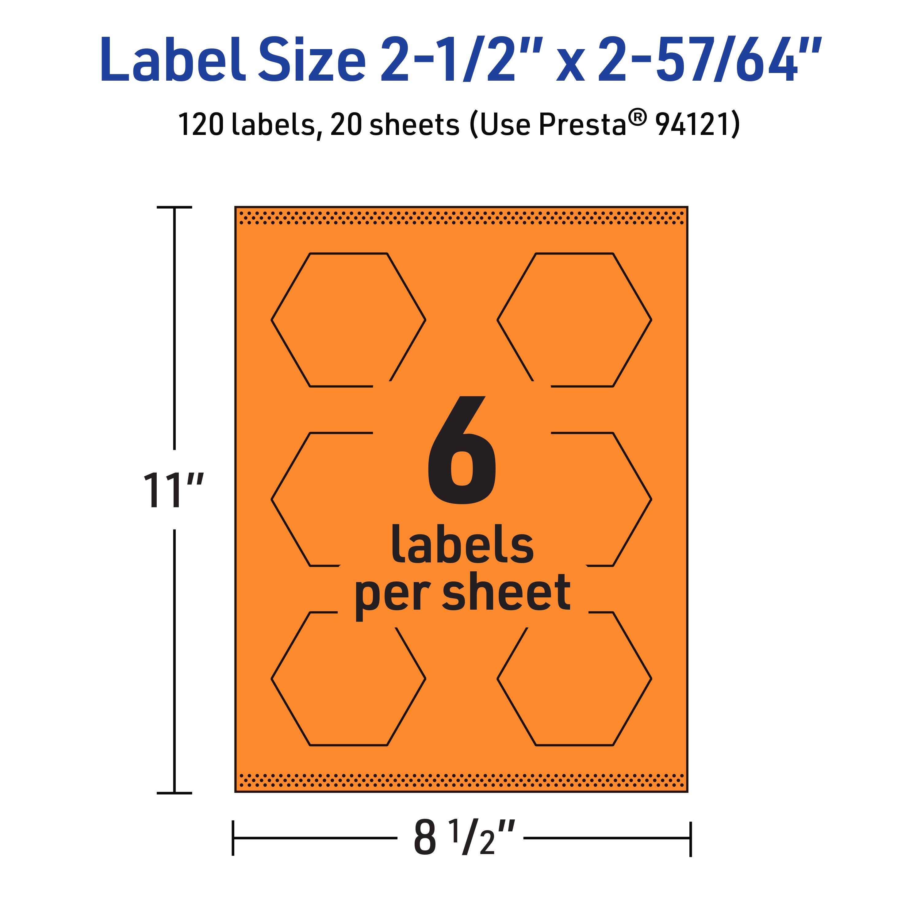Label Size 2-1/2" x 2-57/64"  
120 labels, 20 sheets (Use Presta® 94121)  
6 labels per sheet  
11" x 8 1/2"