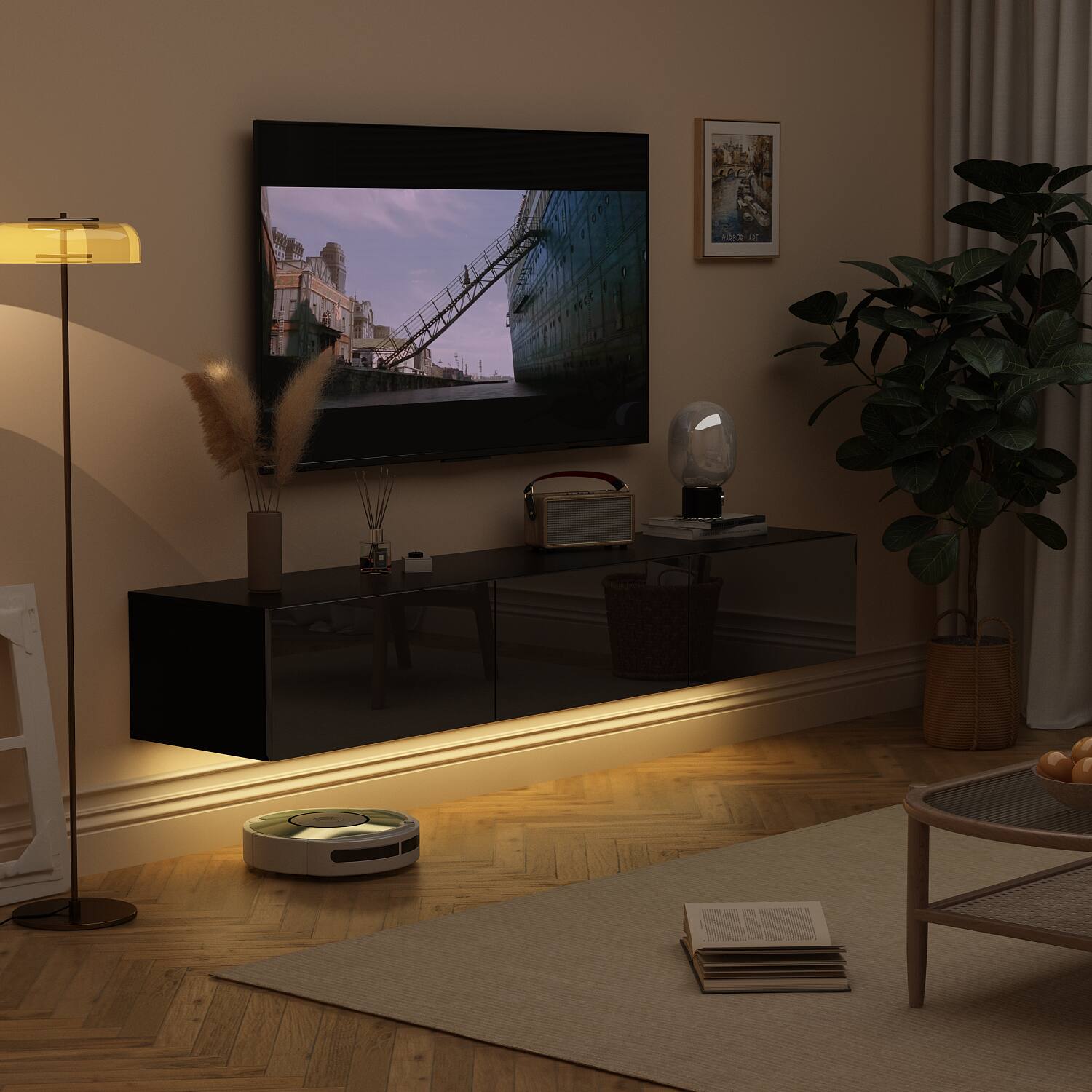 Alt View 1. Famapy - Famapy Wall - Mounted TV Stand with Hidden Drawers High Gloss Finish TV Console - Black.