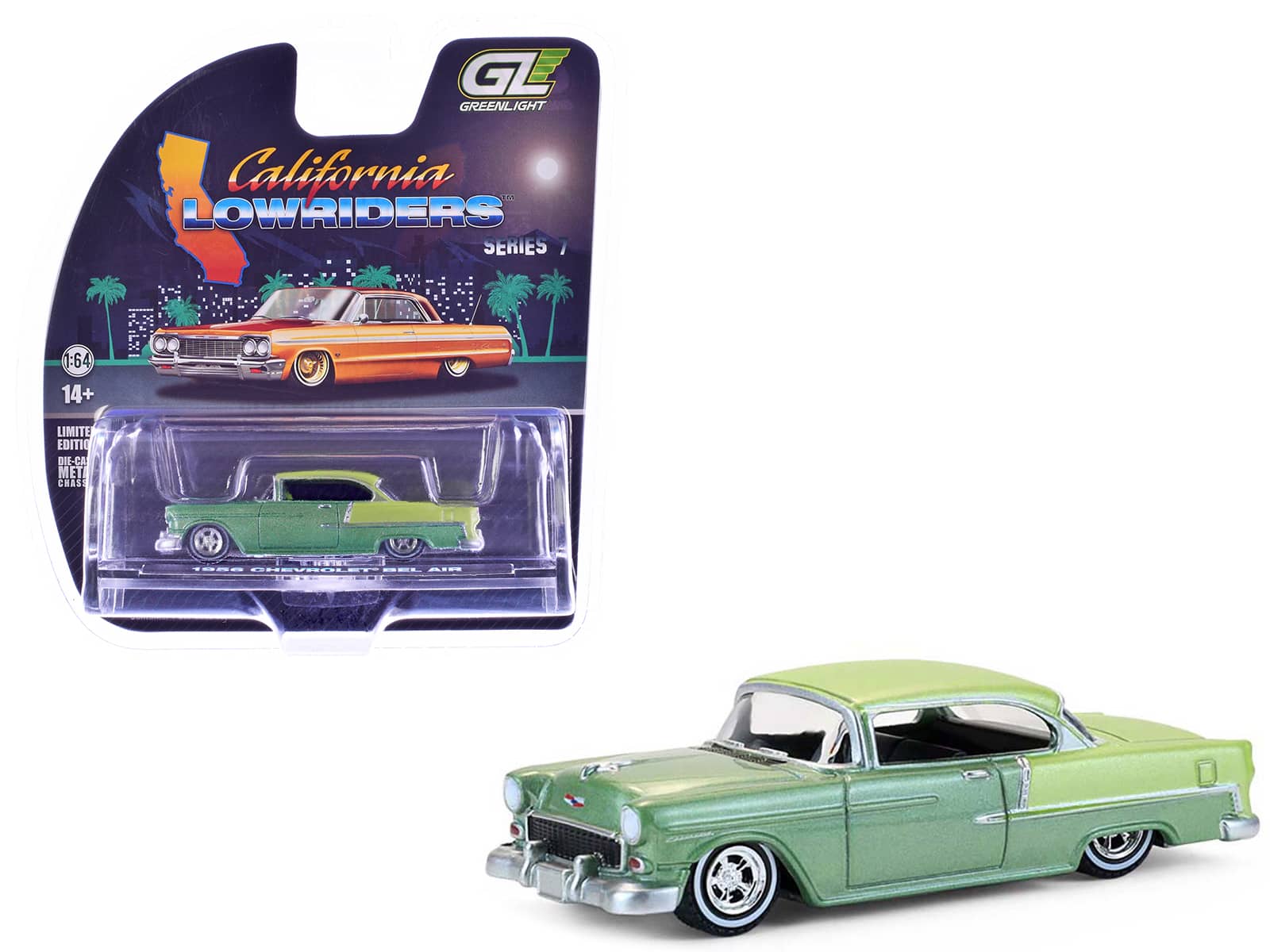 Greenlight - 1956 Chevrolet Bel Air Lowrider Laurel Crocus Yellow Two-Tone Green Interior California Lowriders 1/64 - Green Metallic
