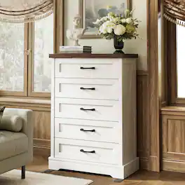 AODK - 46" H Farmhouse 5 Drawer Dresser, Tall Chest of Drawers with Arched Base for Bedroom - Walnut+white