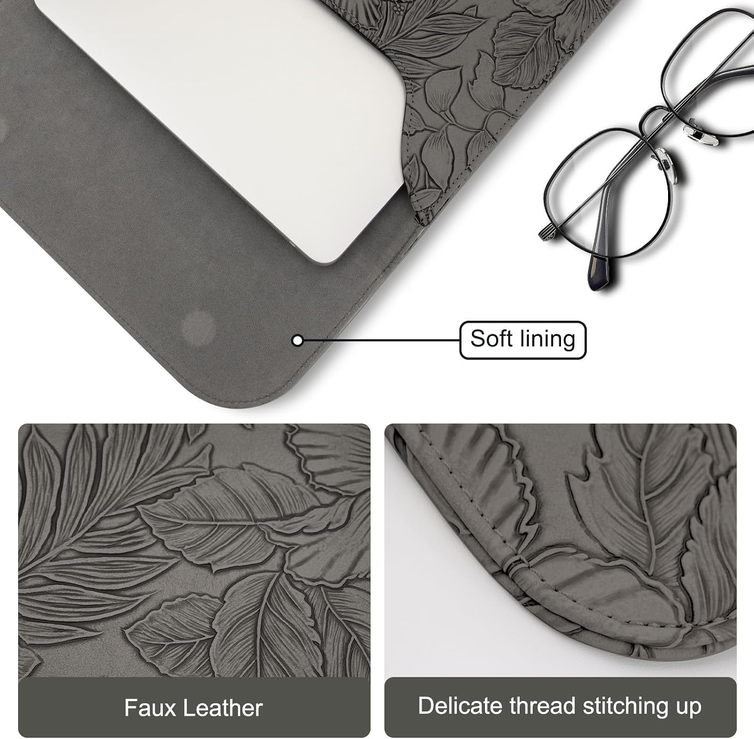 Soft lining  
Faux Leather  
Delicate thread stitching up