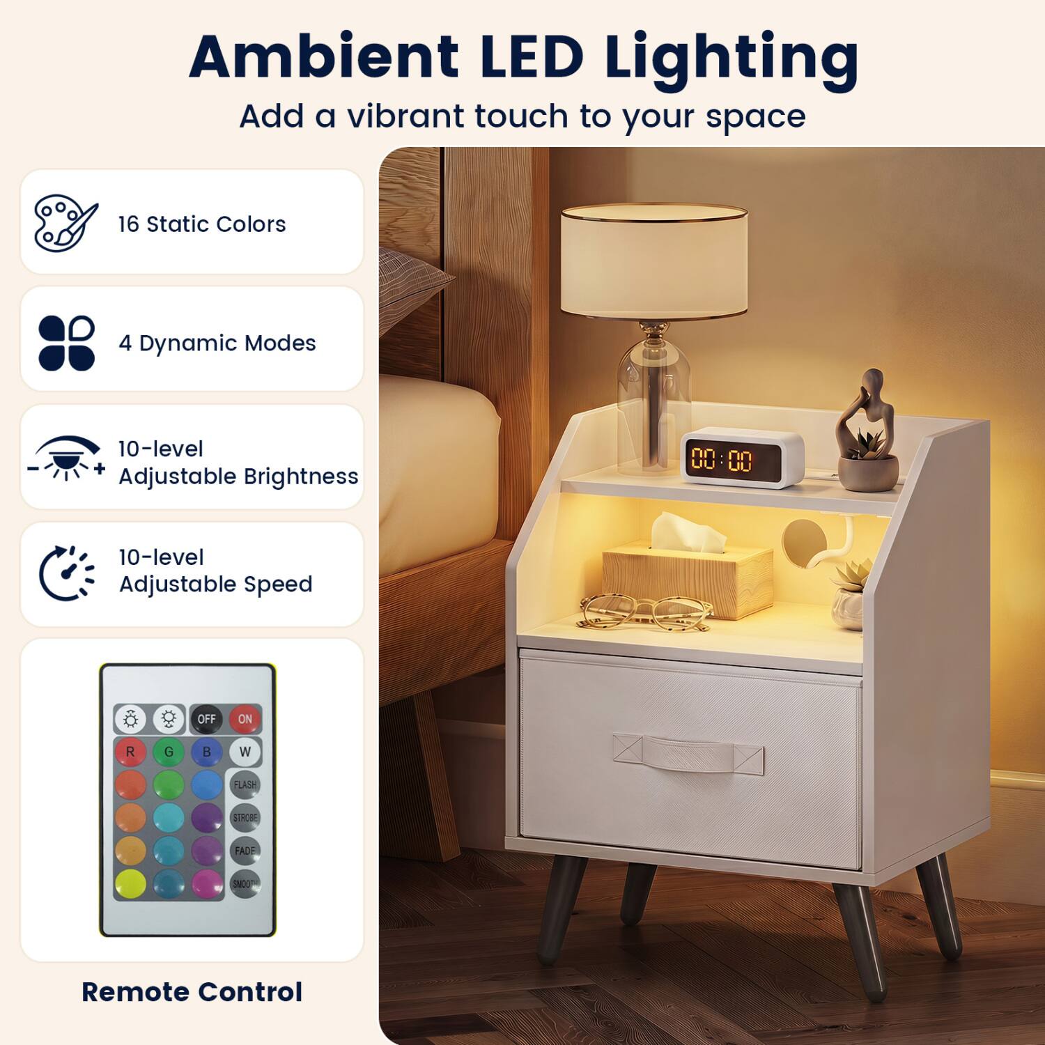 Ambient LED Lighting  
Add a vibrant touch to your space

- 16 Static Colors
- 4 Dynamic Modes
- 10-level Adjustable Brightness
- 10-level Adjustable Speed
- OFF
- ON
- R
- G
- B
- W
- FLASH
- STROBE
- FADE
- SMOOTH
- Remote Control