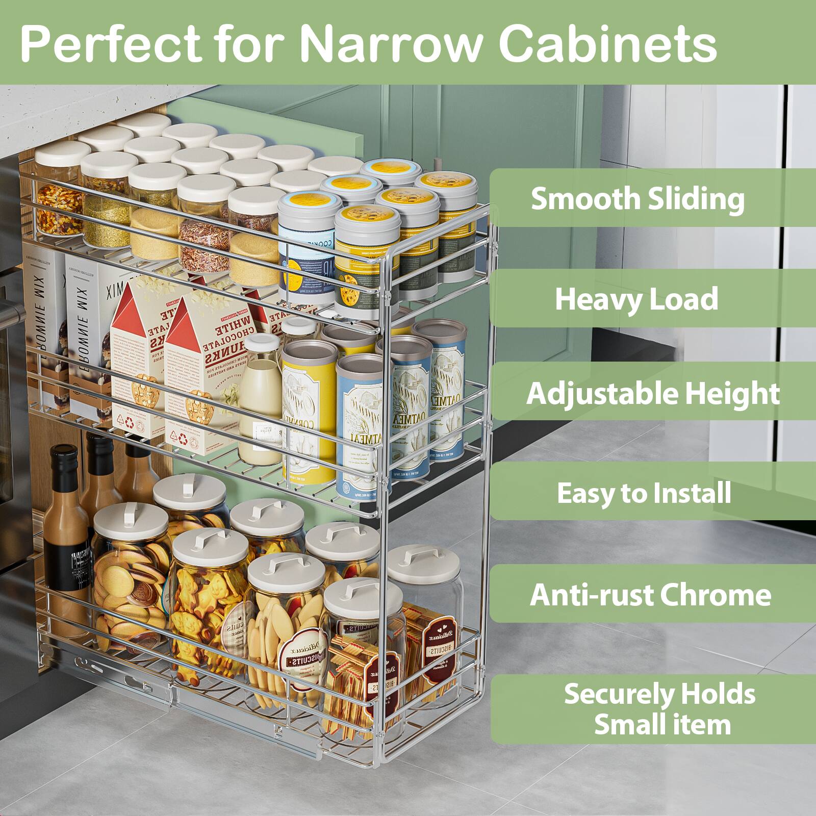 Perfect for Narrow Cabinets
Smooth Sliding
Heavy Load
Adjustable Height
Easy to Install
Anti-rust Chrome
Securely Holds Small item