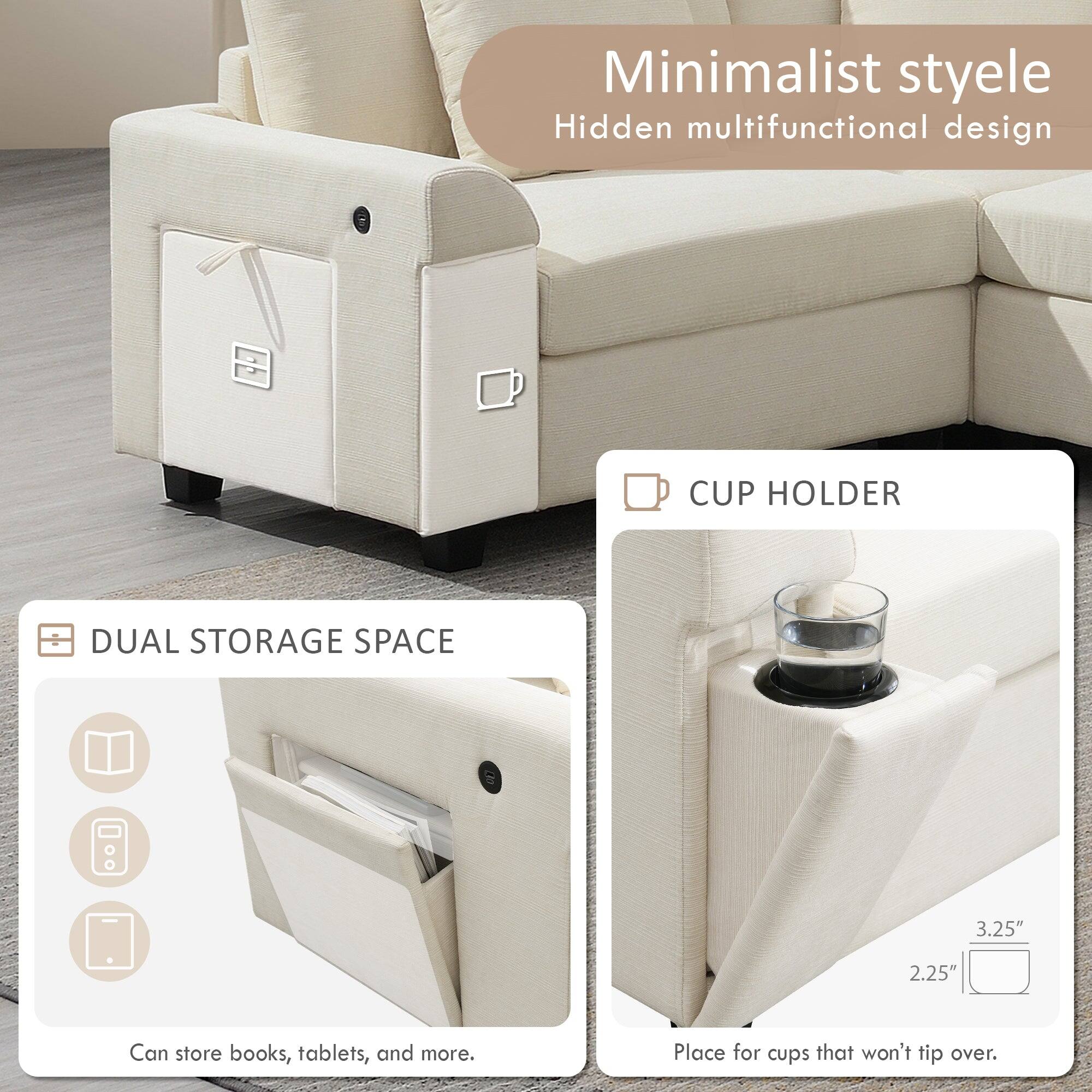 Minimalist style  
Hidden multifunctional design  

CUP HOLDER  
DUAL STORAGE SPACE  

Can store books, tablets, and more.  
Place for cups that won't tip over.  

3.25"  
2.25"