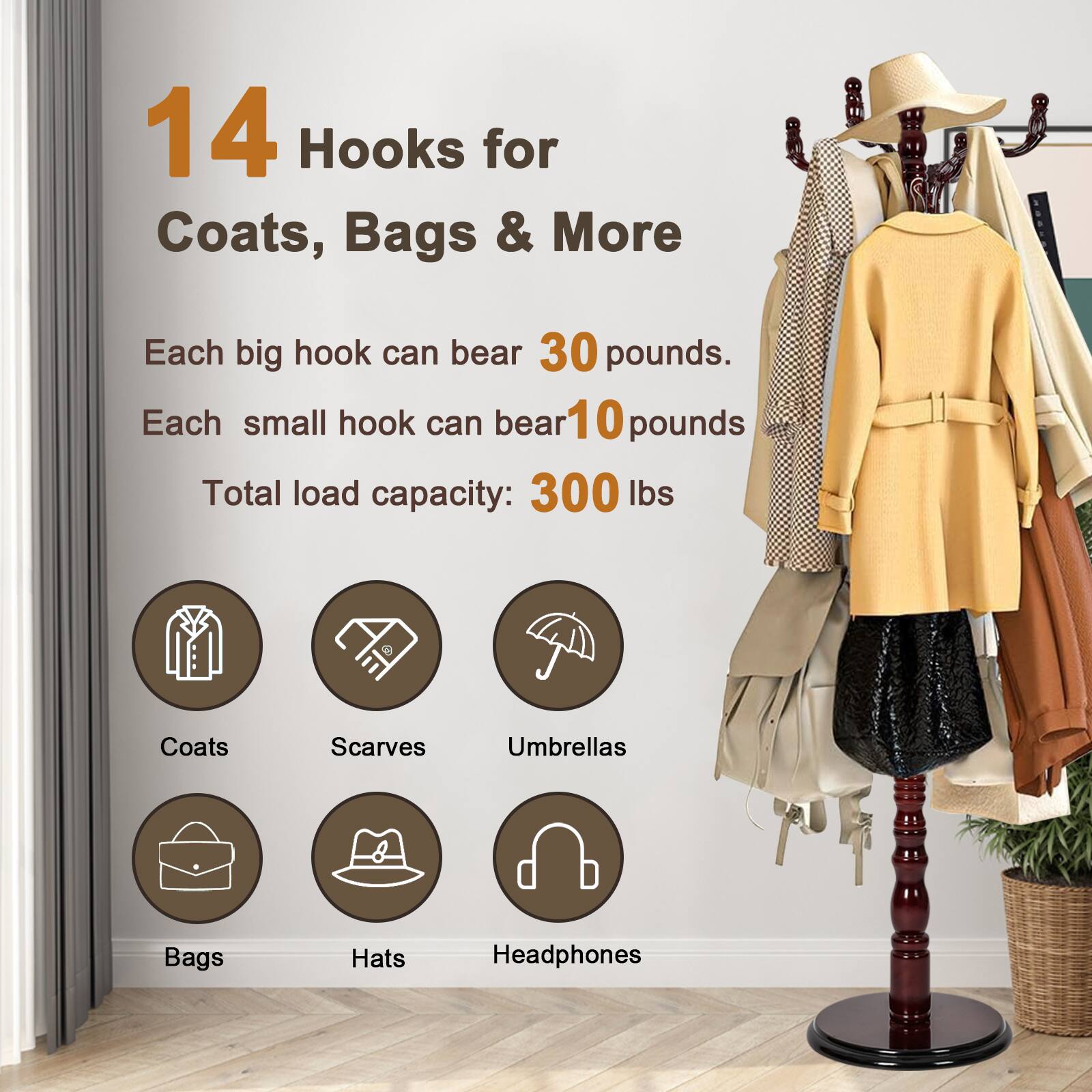 Alt View 1. Chateau Abodes - Solid Wood Coat Rack, Free Standing Hall Coat Tree with 14Hooks, 3 Height Options, 300lbs Load, Stury Base - Rosewood.