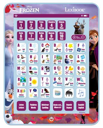 Disney FROZEN LEXIBOOK
Uno 1 One
Dos 2 Two
Tres 3 Three
Cuatro 4 Four
Cinco 5 Five
Seis 6 Six
Siete 7 Seven
Ocho 8 Eight
Nueve 9 Nine
Diez 10 Ten
A Azul Ant
B Blanco Blue
C Casa Cat
D Dedo Dog
E Estrella Earth
F Fuego Flower
G Gato Green
H Helado House
I Isla Insect
J Jardín Jewel
K Kiwi Kid
L Libro Ladybug
M Marrón Moon
N Nube Nest
Ñ Niño
O Ojo Orange
P Pato Purple
Q Queso Quail
R Río Red
S Sol Sun
T Tierra Tree
U Uniforme Umbrella
V Verde Viper
W Windsurfing Water
X Xilofón Xylophone
Y Yóy Yellow
Z Zapato Zebra
Letras Letters
Palabras Words
Deletrear Spelling
Dónde está... Where is?
Repetir Repeat
Español English