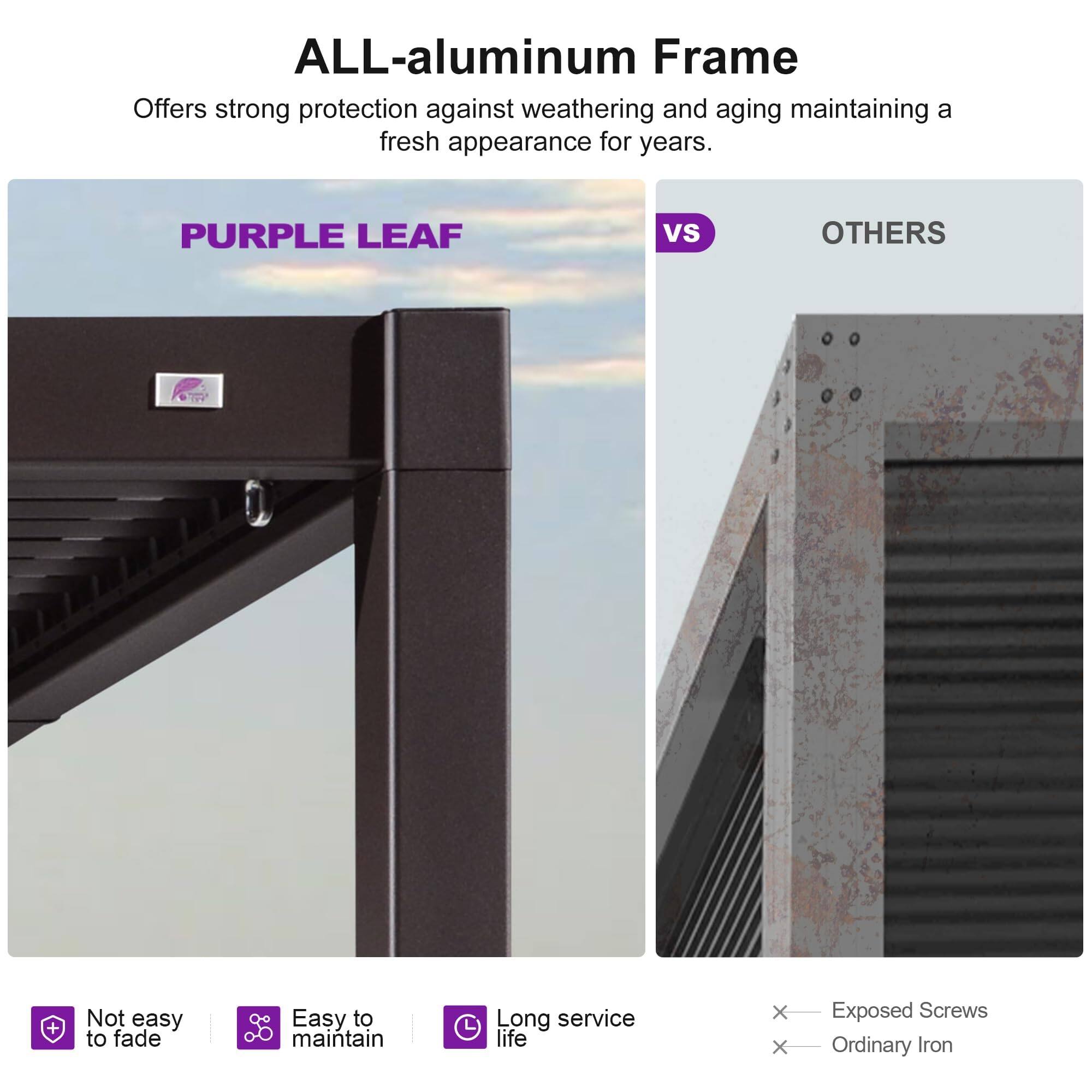 ALL-aluminum Frame  
Offers strong protection against weathering and aging, maintaining a fresh appearance for years.

PURPLE LEAF vs OTHERS  
- Not easy to fade  
- Easy to maintain  
- Long service life  

OTHERS  
- Exposed Screws  
- Ordinary Iron