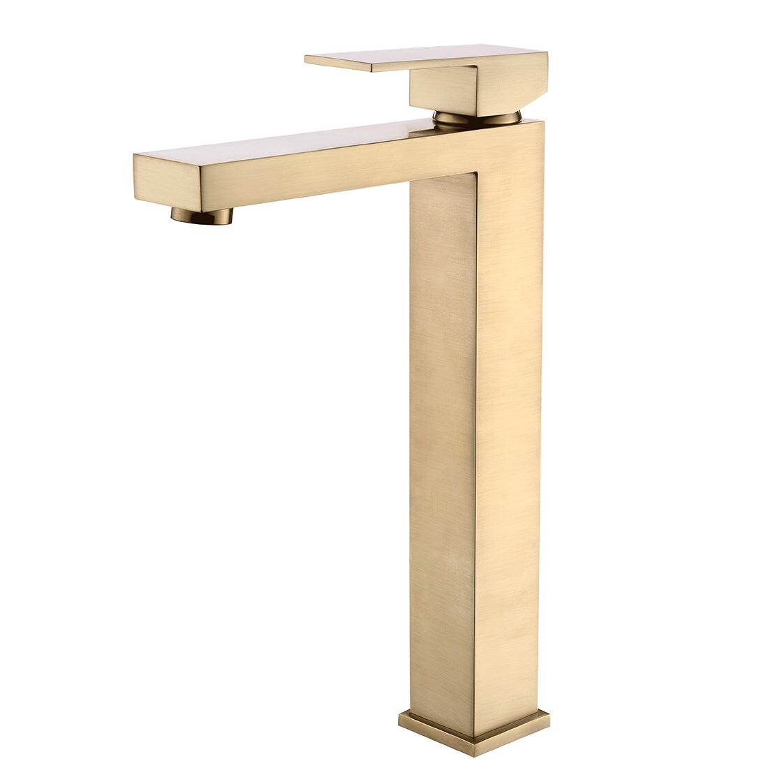 Single Handle Single Hole Tall Bathroom Faucet Brushed Gold with Supply Lines Modern Durable Easy Install